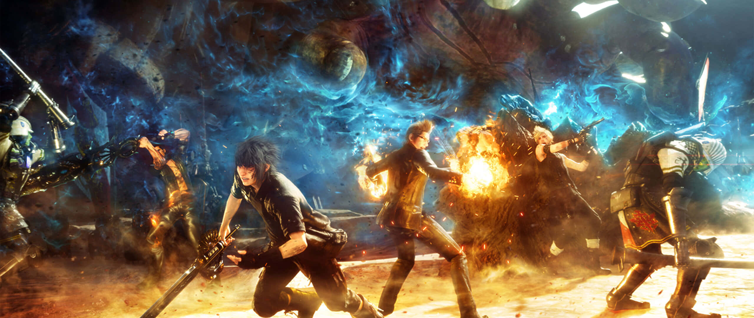 Final Fantasy XV 戰場爆炸背景 壁紙 — 一群戰士在熾熱的競技場中戰鬥，上方是旋轉的宇宙天空，漂浮著發光的球體。