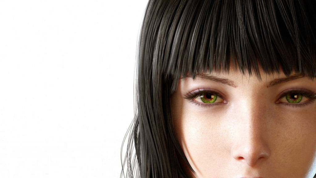 Final Fantasy XV 賈妮塔 壁紙 — 特寫鏡頭，一位擁有引人注目的綠色眼睛和黑色直髮的女性，背景為純白色。