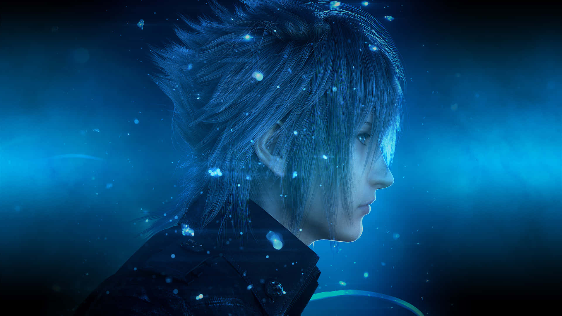 Final Fantasy XV 支援角色諾克提斯藍髮背景 壁紙 — 一個年輕的動漫角色，擁有尖刺的藍色頭髮，凝視前方，發光的粒子在深藍色的虛無空間中飄浮。