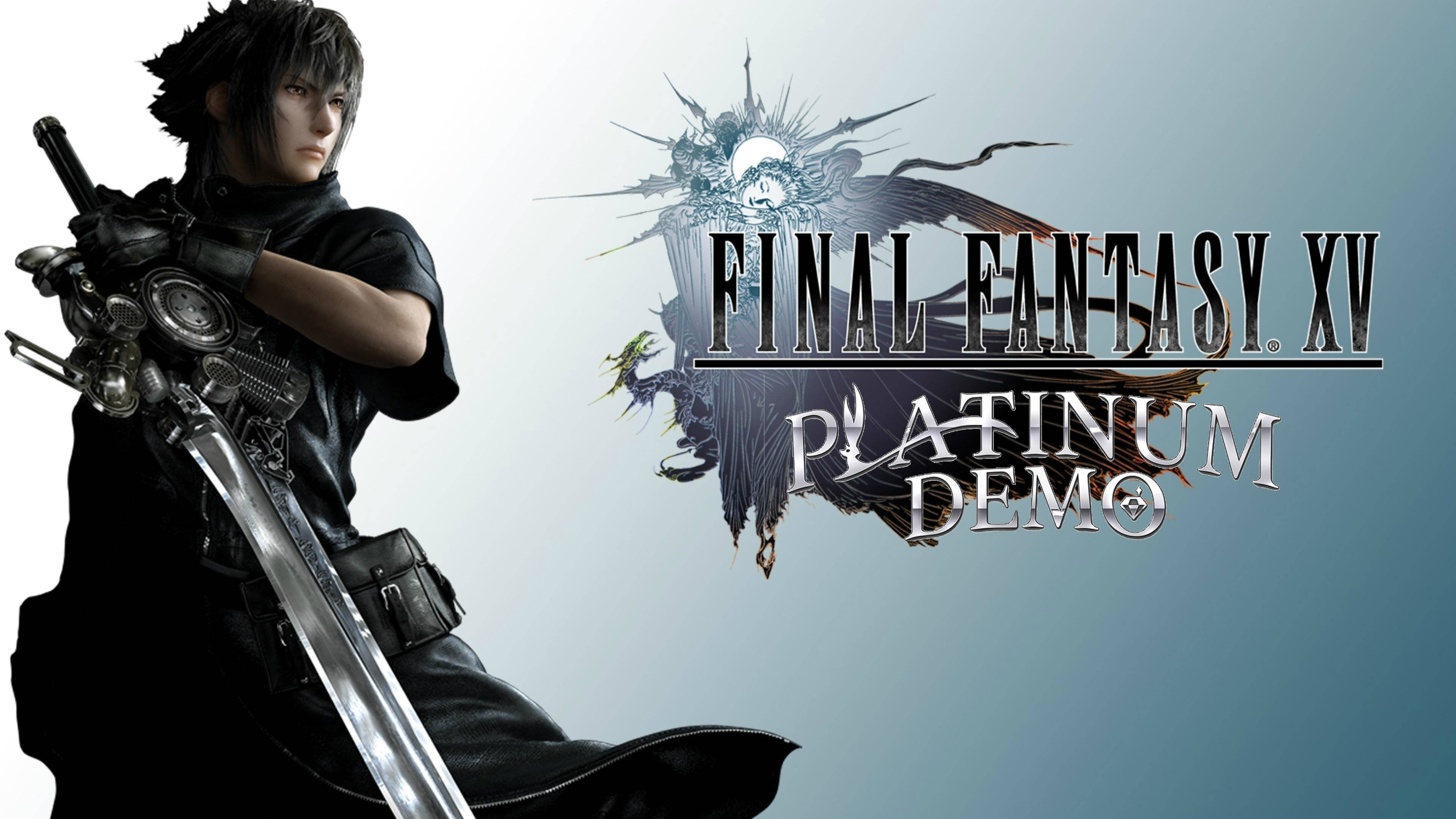 Final Fantasy XV 銀版試玩版 壁紙 — 一個黑髮戰士身穿黑色盔甲，在帶有 Final Fantasy XV Platinum Demo 標誌的漸變藍色背景前握著一把閃閃發光的劍。