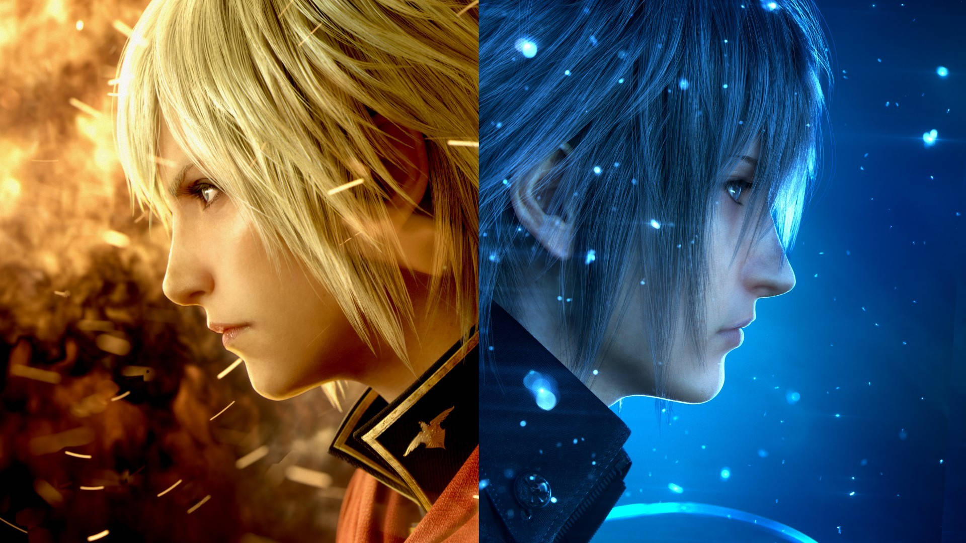 Final Fantasy XV 與 Type-0 的阿斯與諾克提斯 壁紙 — 兩個動漫角色側面相對——一個沐浴在熾熱的橙色火花中，另一個沐浴在清涼的藍色星光中。