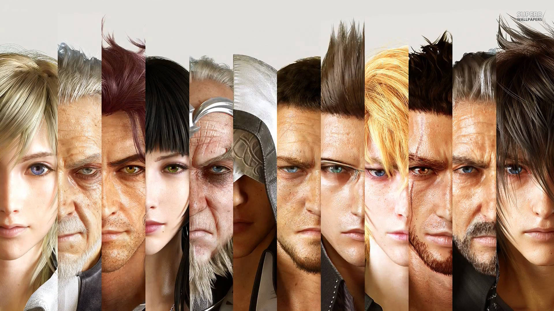 Final Fantasy XV 主要角色 壁紙 — 一個充滿活力的拼貼畫，包含多種電子遊戲角色，表情強烈，髮色多樣。
