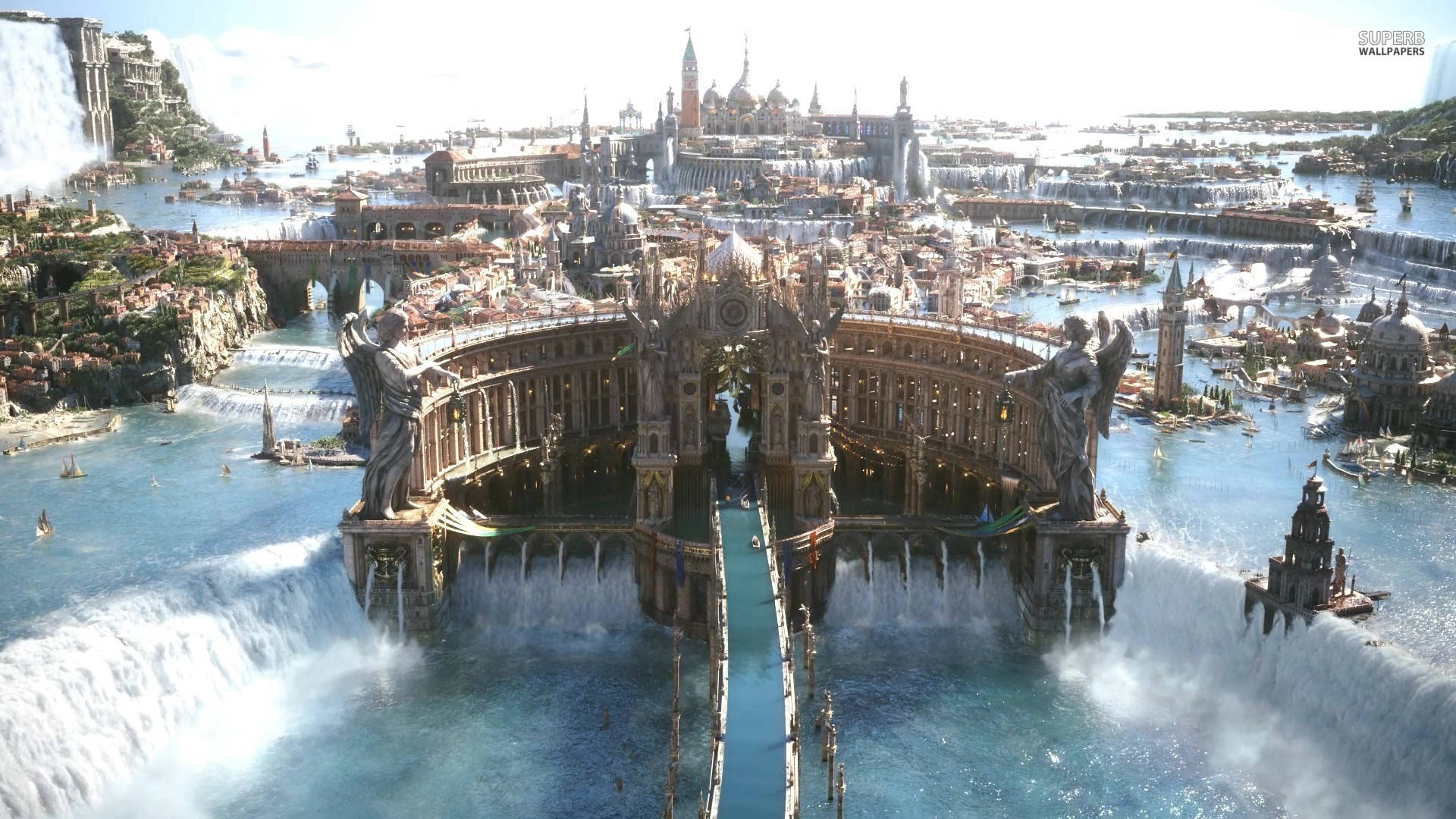 Final Fantasy XV 亞提斯城 壁紙 — 一座宏偉的浮空城市，擁有華麗的建築和層疊的瀑布，周圍環繞著碧綠的海水和遙遠的島嶼。