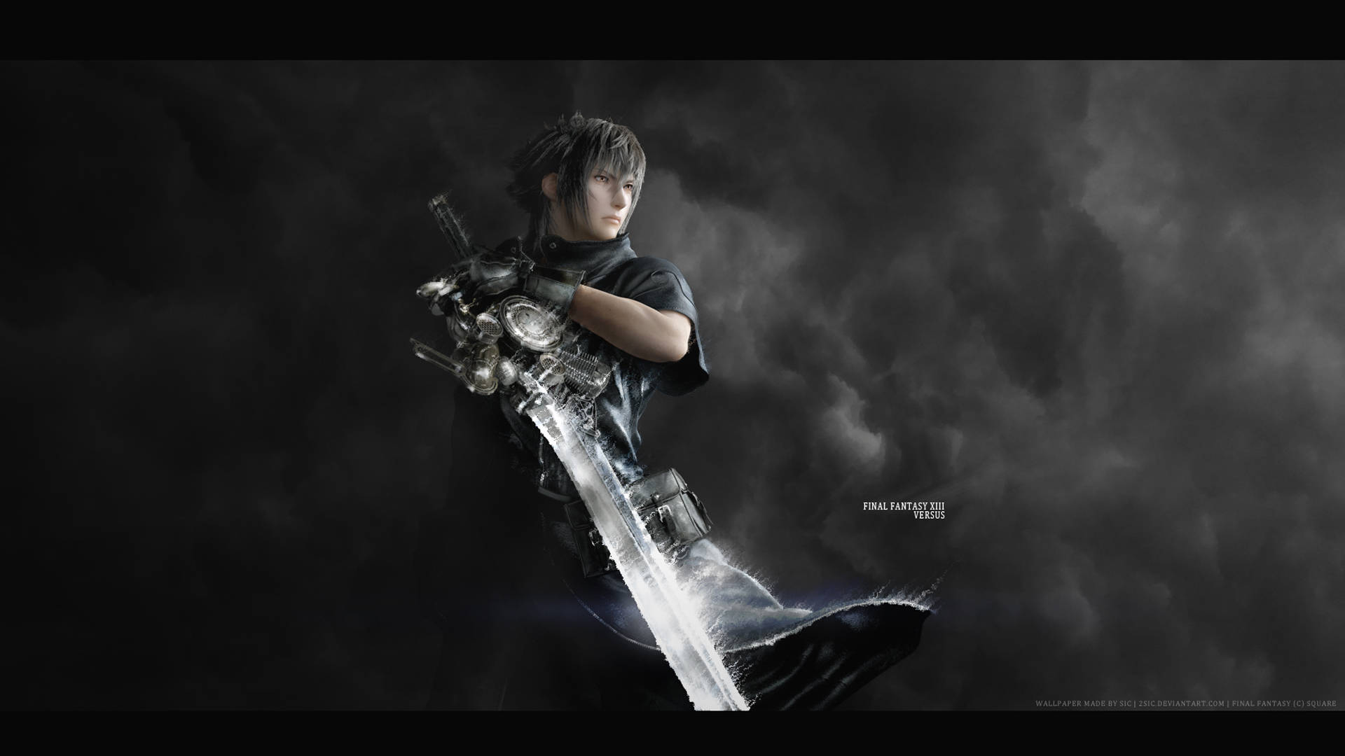 Final Fantasy XV 諾克提斯手持引擎劍 壁紙 — 一位黑髮戰士身穿黑色盔甲，在暴風雨般的灰色背景下握著一把發光的劍。