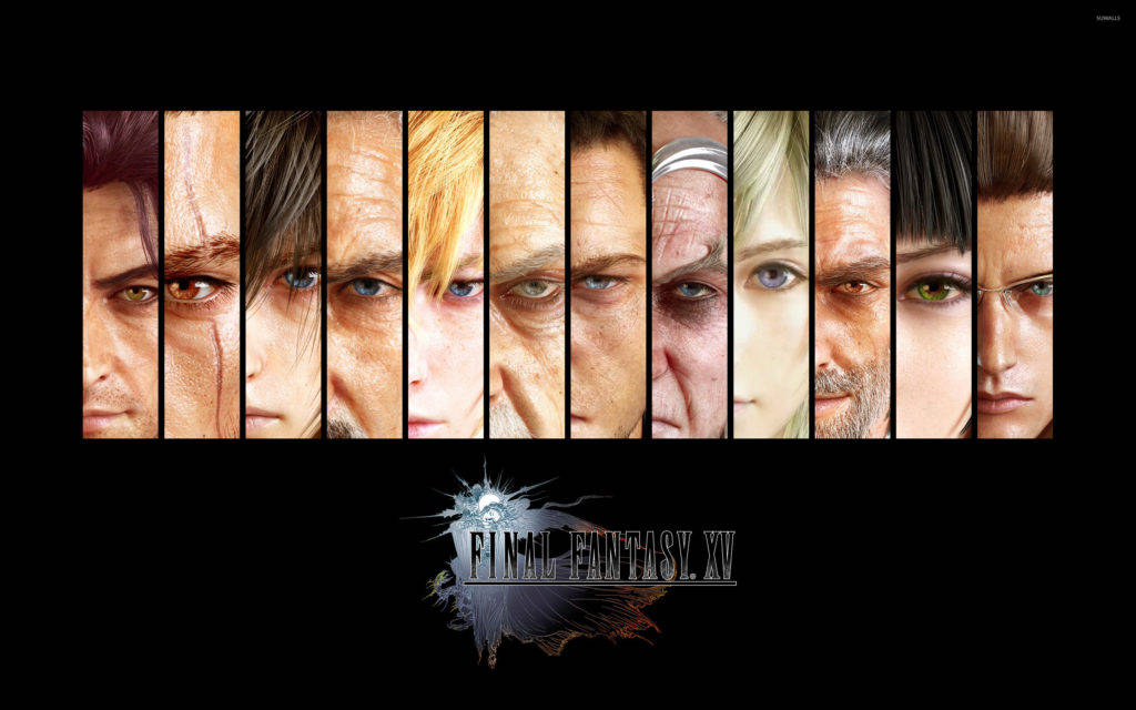 Final Fantasy XV 主要角色群像 壁紙 — 來自《Final Fantasy XV》的強烈角色肖像垂直條紋，黑色背景，下方有遊戲標誌。