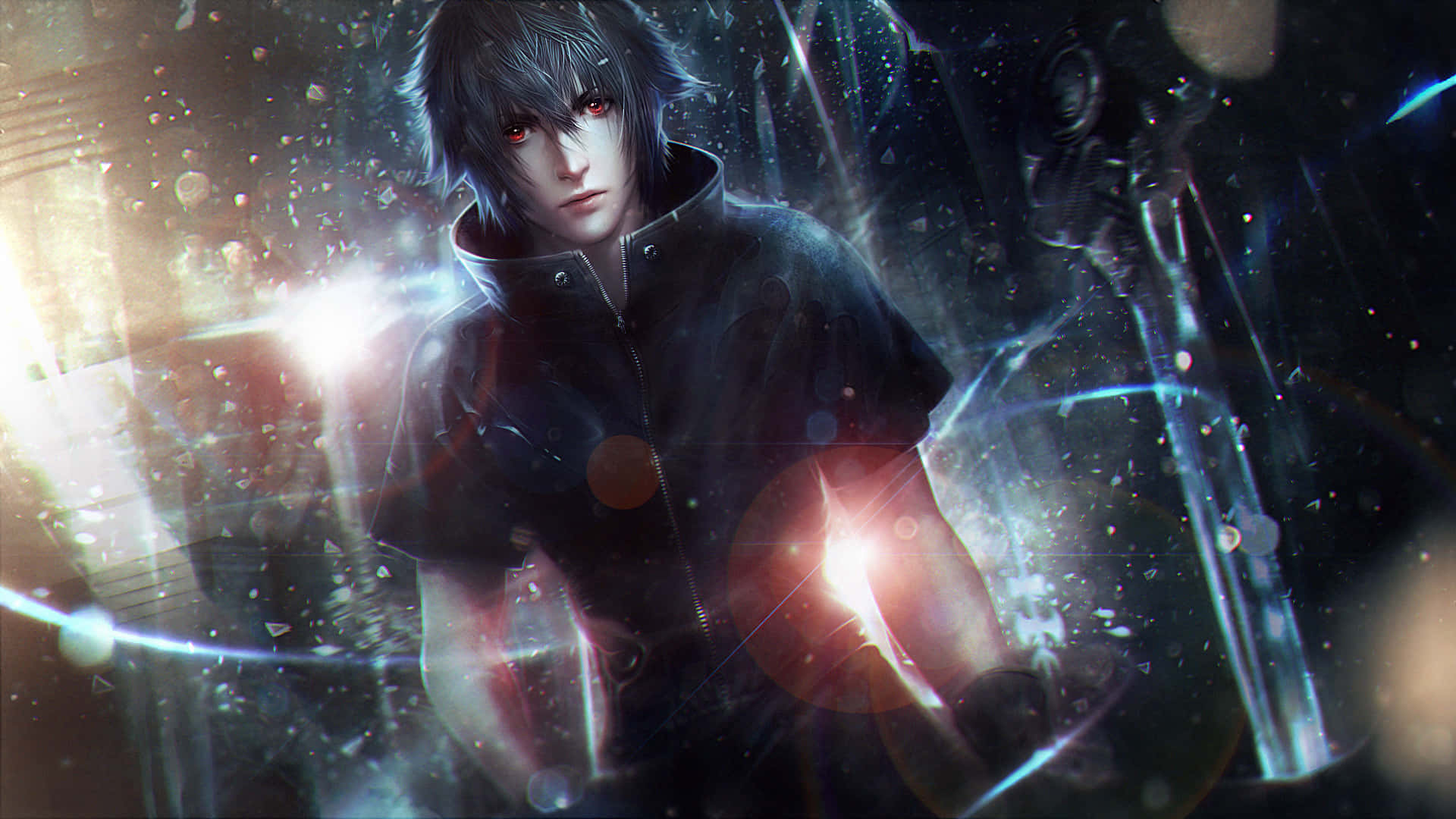 Final Fantasy XV 角色 Noctis Lucis Caelum 背景圖 壁紙 — 一個深色頭髮的動漫角色，擁有發光的紅色眼睛，站在一個充滿粒子的光芒數位空間中。