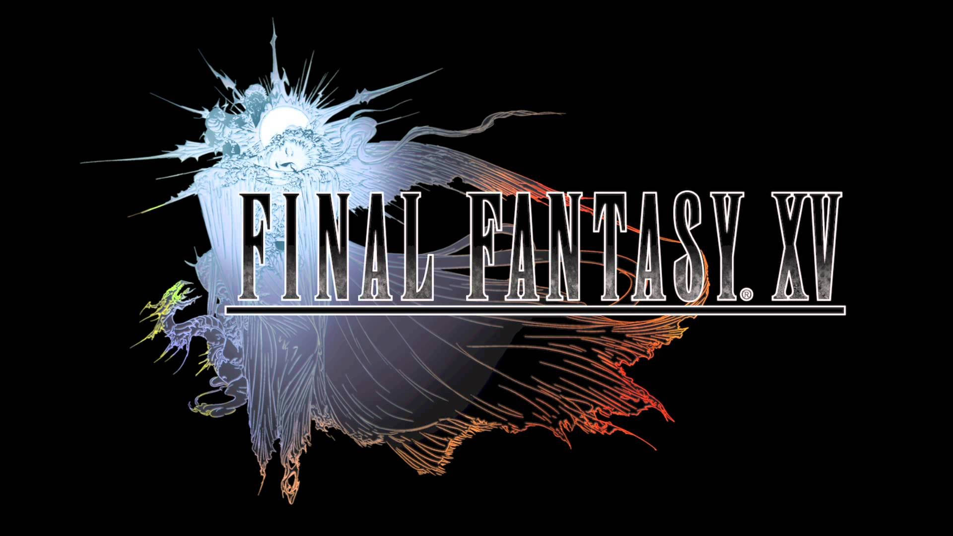 Final Fantasy XV 官方標誌 壁紙 — 黑色背景上帶有冰藍色和火橙色翅膀設計的Final Fantasy XV標誌。