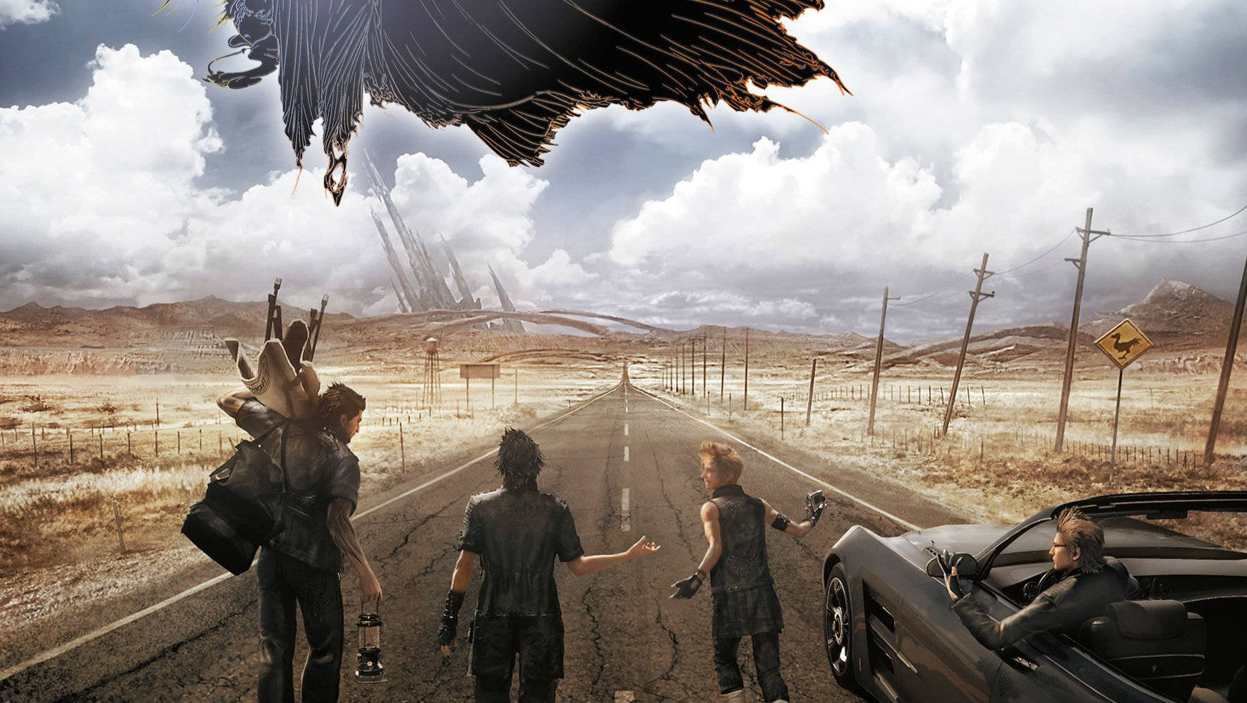 Final Fantasy XV 諾克提斯與夥伴們 壁紙 — 四位旅行者站在一條龜裂的沙漠公路上，頭頂有一隻巨大的黑暗有翼生物，遠方有未來主義的尖塔。
