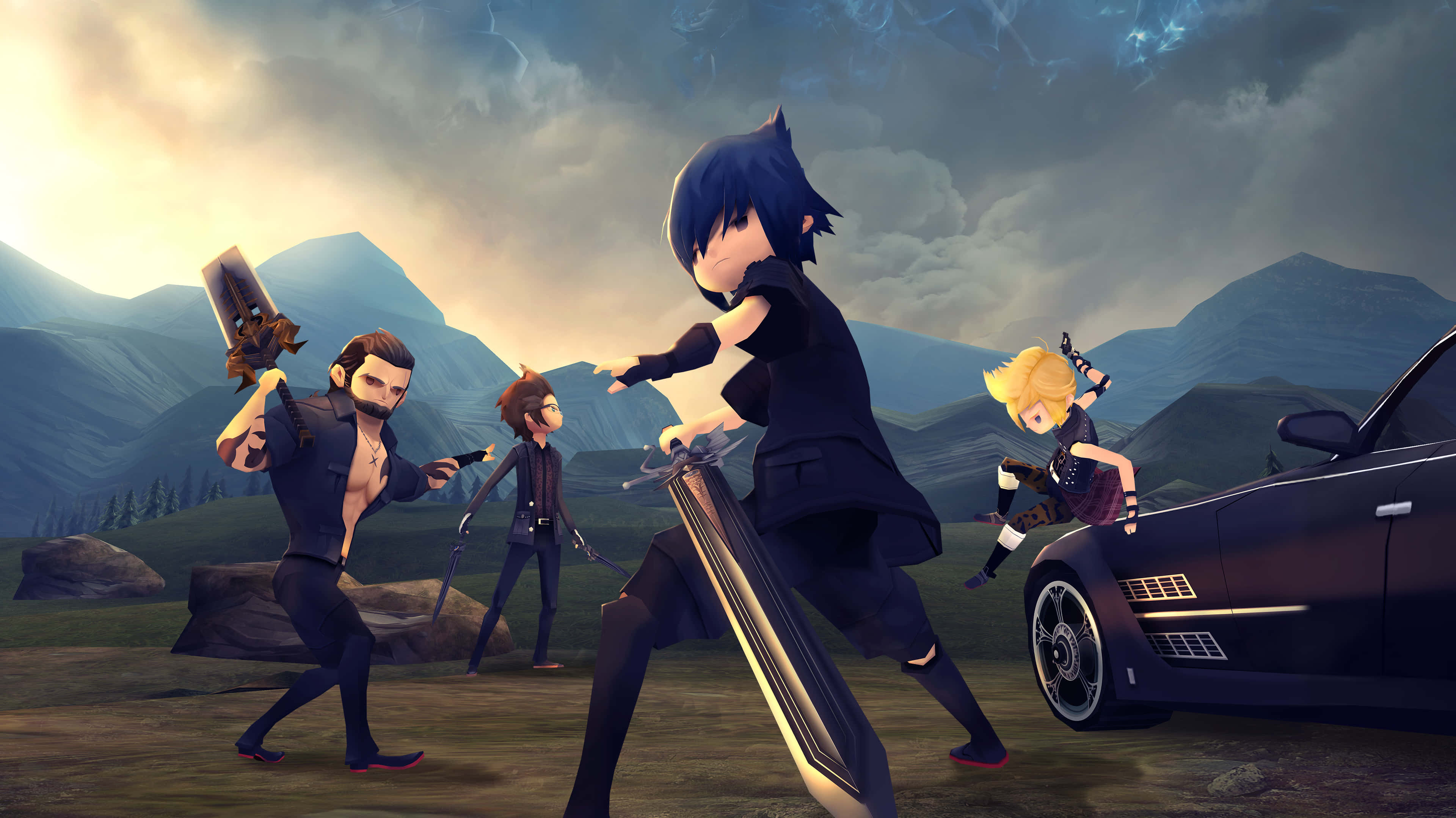 Final Fantasy XV 數位藝術作品背景 壁紙 — 四個動漫風格角色在時尚黑色汽車附近擺出動態戰鬥姿勢，背景是戲劇性的山脈。