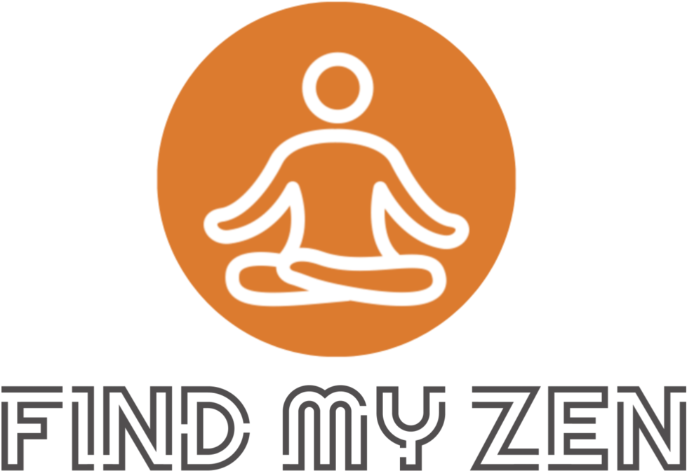 Find My Zen 標誌 壁紙 — 一個極簡風格的白色線條圖示，顯示一個人在橙色圓圈內冥想，背景為黑色，下方有文字。
