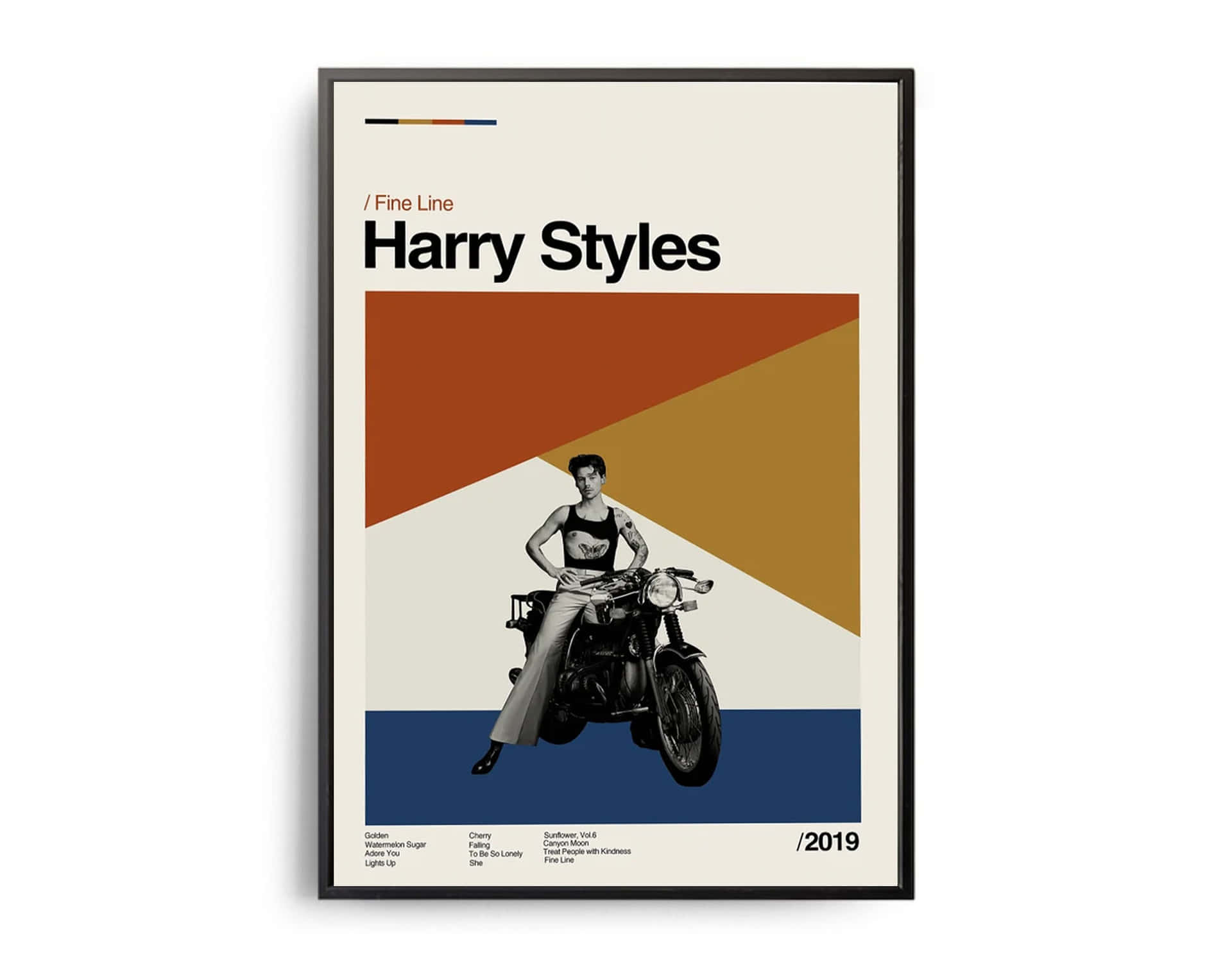 哈利·史泰爾斯在電單車上，以幾何色塊的極簡海報呈現。
