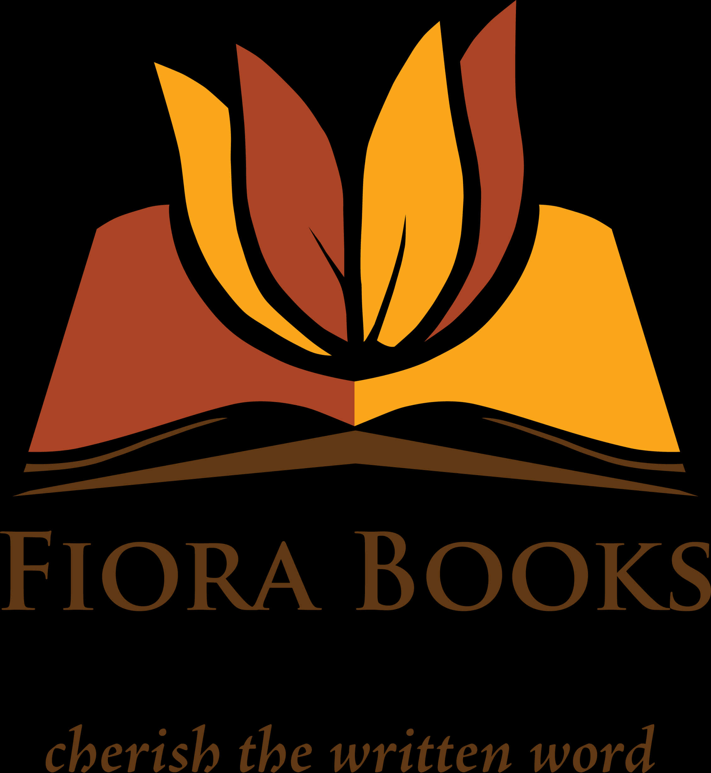 Fiora Books 標誌與口號 壁紙 — 一個風格化的打開書本標誌，帶有葉狀書頁，以溫暖的秋色調呈現，背景為黑色。