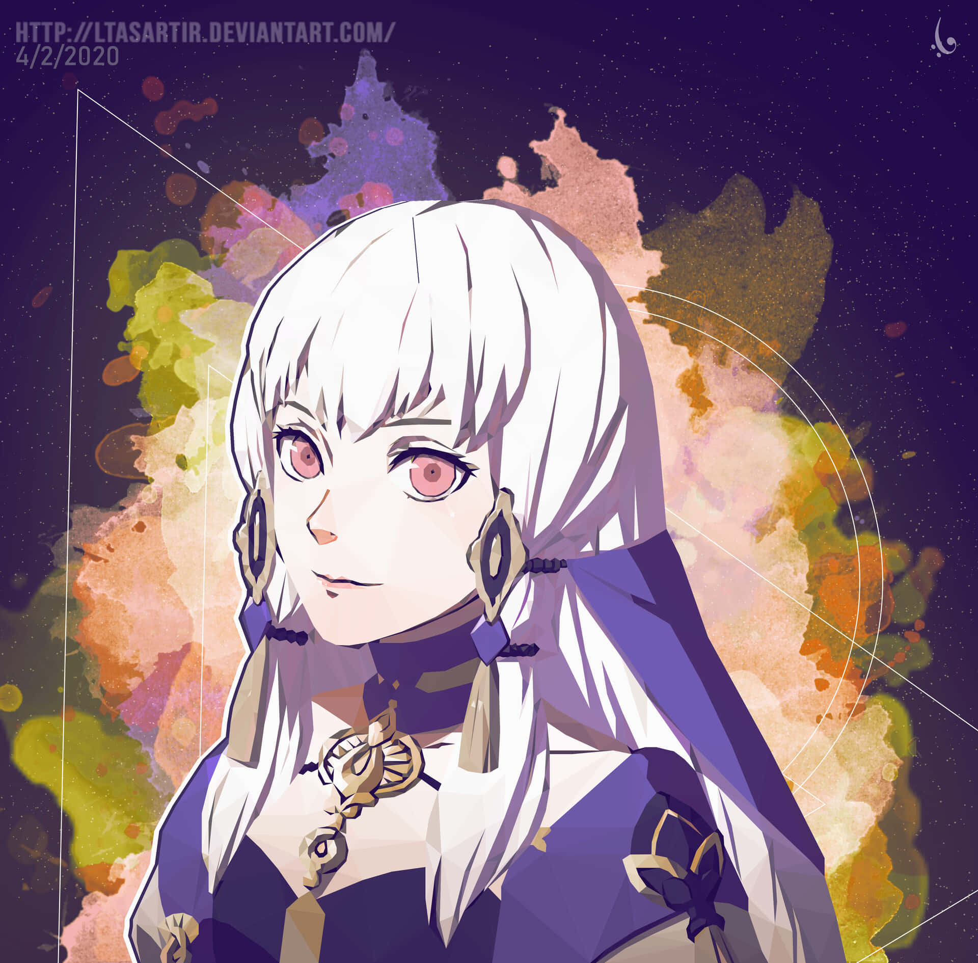 動漫女孩，白髮粉紅眼睛，紫色服裝，宇宙水彩背景。