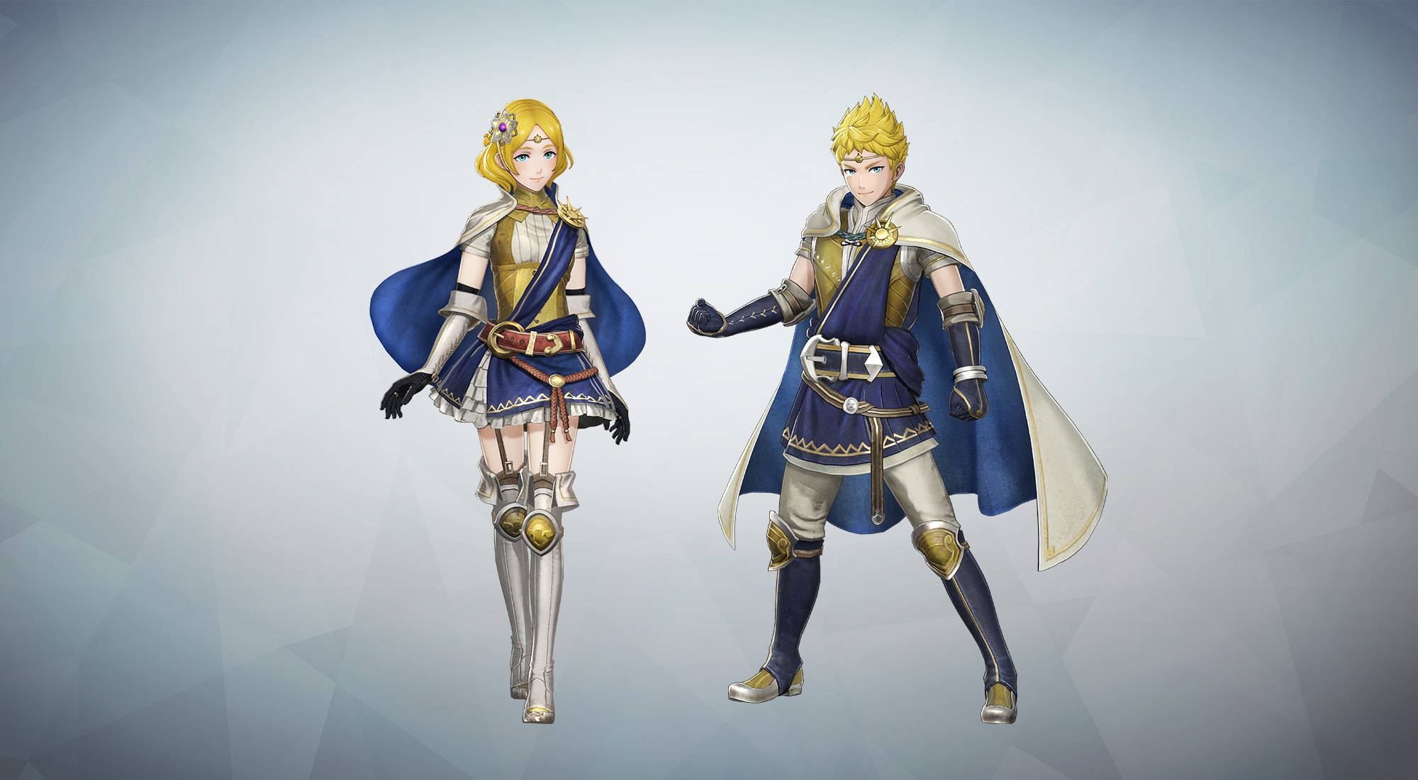 Fire Emblem Warriors 李安娜與羅文 壁紙 — 兩位身穿藍色和金色盔甲的動漫風格冒險家，站在幾何漸變背景前蓄勢待發。