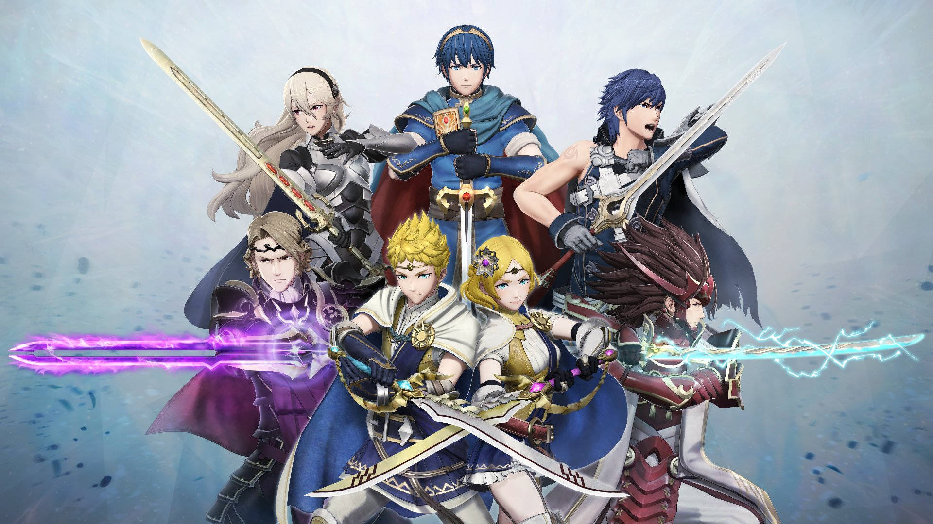 Fire Emblem Warriors 無文字角色海報 壁紙 — 一個動態的動漫團體，由七位身穿華麗盔甲、揮舞發光劍的奇幻戰士組成，背景是迷霧藍色。