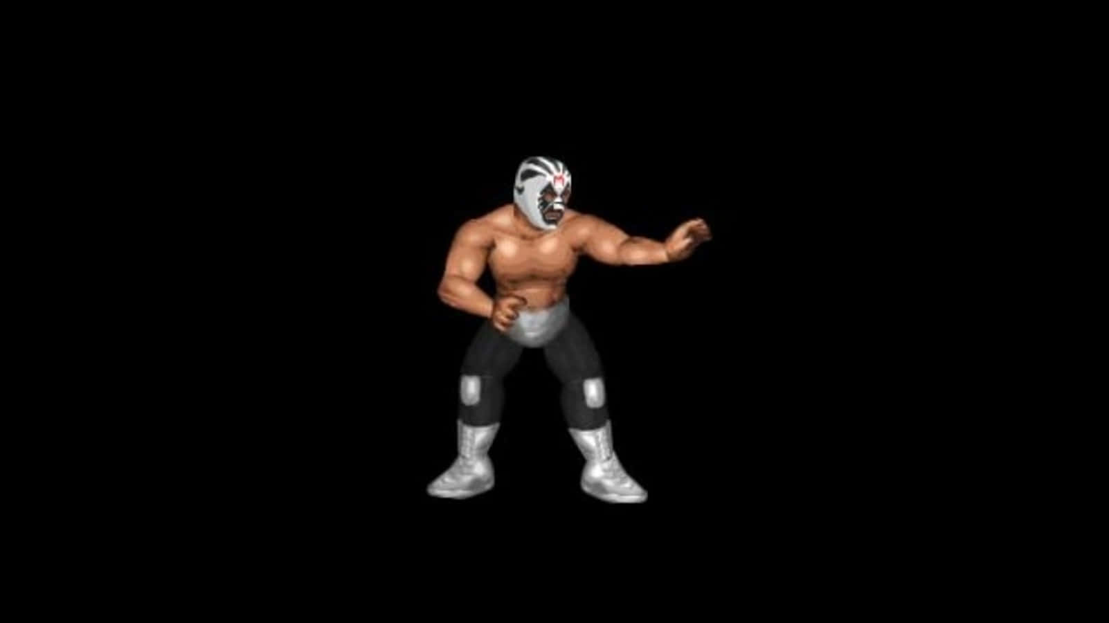 米爾·馬斯卡斯於《Fire Pro Wrestling》遊戲中 壁紙 — 一個肌肉發達的墨西哥摔角手穿著銀色和黑色裝備，在純黑色背景下擺出動態姿勢。