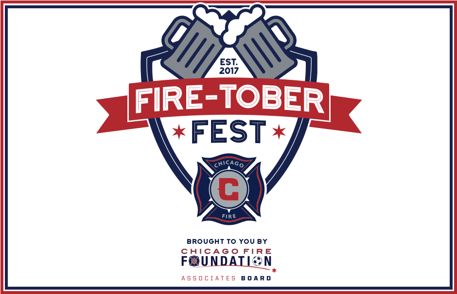 芝加哥消防隊「Fire-Tober Fest」活動標誌 壁紙 — 一個大膽的圖形標誌，用於 Fire-Tober Fest，以交叉的啤酒杯和芝加哥火焰隊徽章為特色，背景為黑色。