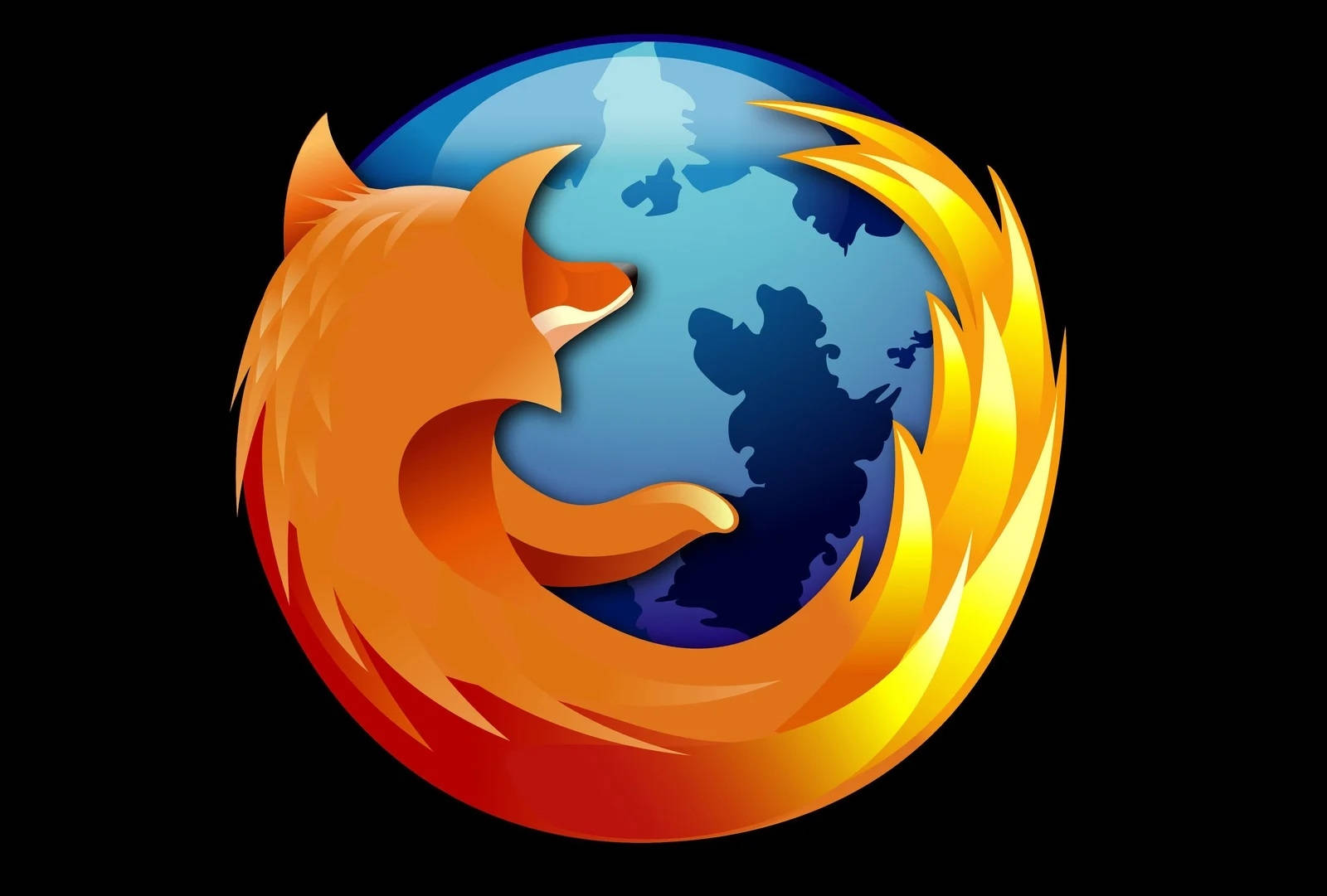 Firefox 瀏覽器經典標誌 壁紙 — 一隻風格化的橙色狐狸圍繞著一個藍色地球儀，上面有可見的大陸，背景為黑色。