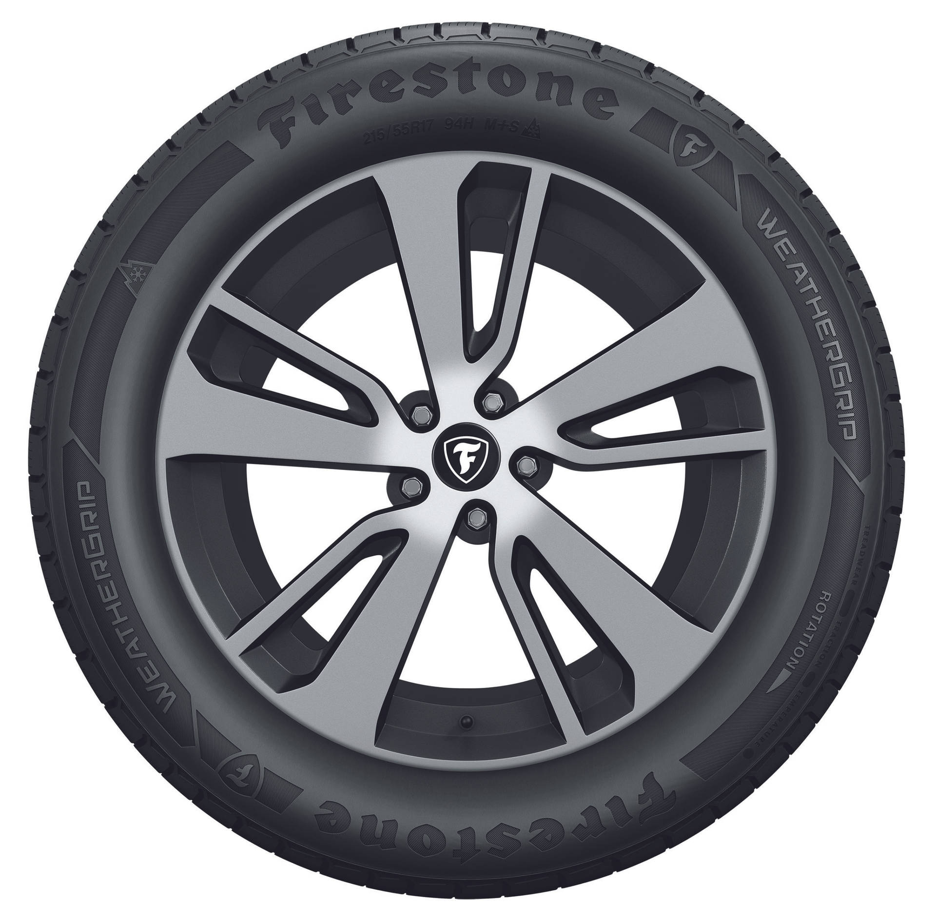 Firestone WeatherGrip 輪胎在銀色合金輪圈上的特寫。