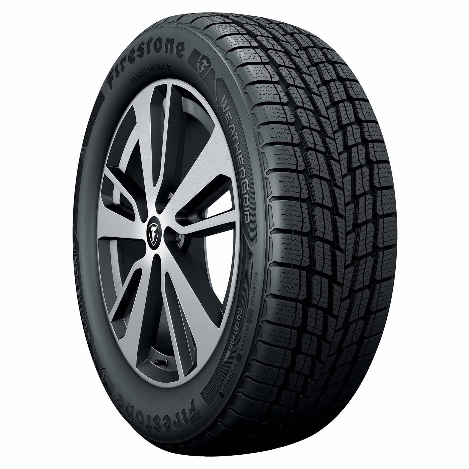 用於車輛的 Firestone WeatherGrip 輪胎安裝在銀色合金輪圈上。