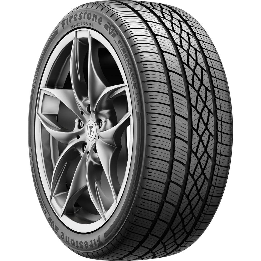 Firestone Firehawk RS2輪胎安裝在銀色合金輪圈上，帶有詳細的胎面花紋。