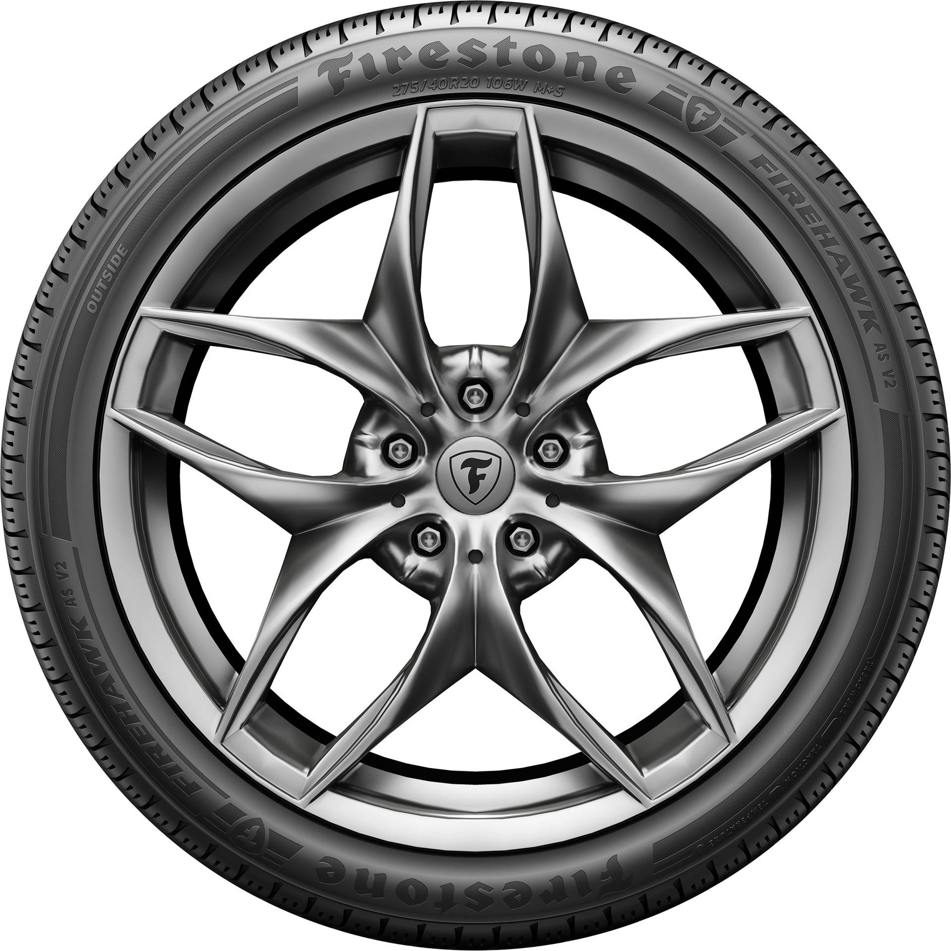 安裝在銀色合金輪圈上的Firestone Firehawk AS V2輪胎特寫。