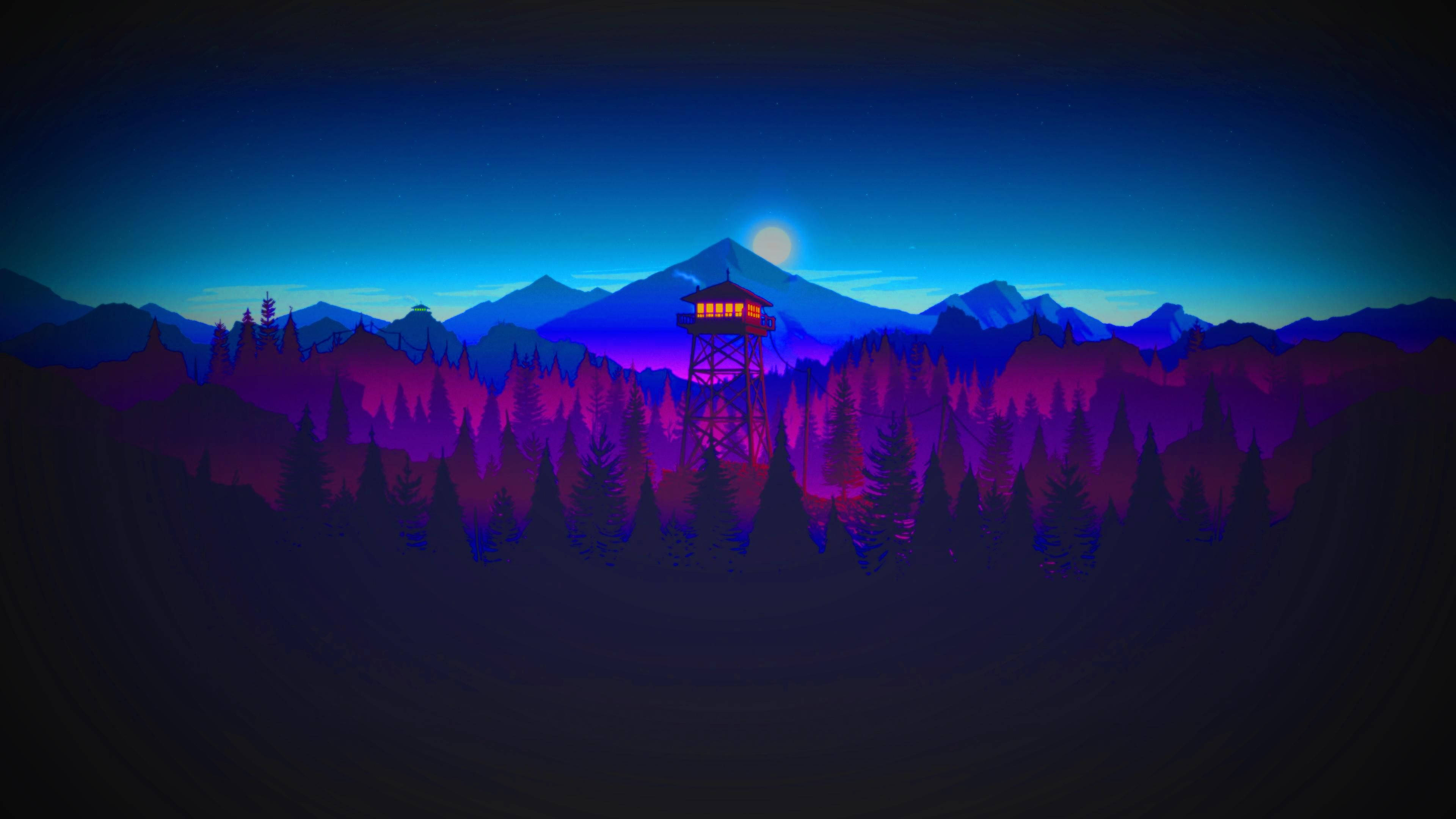 Firewatch遊戲場景單色視角 壁紙 — 一座發光的消防瞭望塔矗立在紫色森林中，下方是月光照耀的山脈，夜晚時分。
