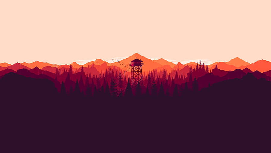 《Firewatch》紅色向量全螢幕高清壁紙 壁紙 — 一座剪影的防火瞭望塔聳立在松樹林中，背景是層層疊疊的山脈，在溫暖的日落色調中閃耀。