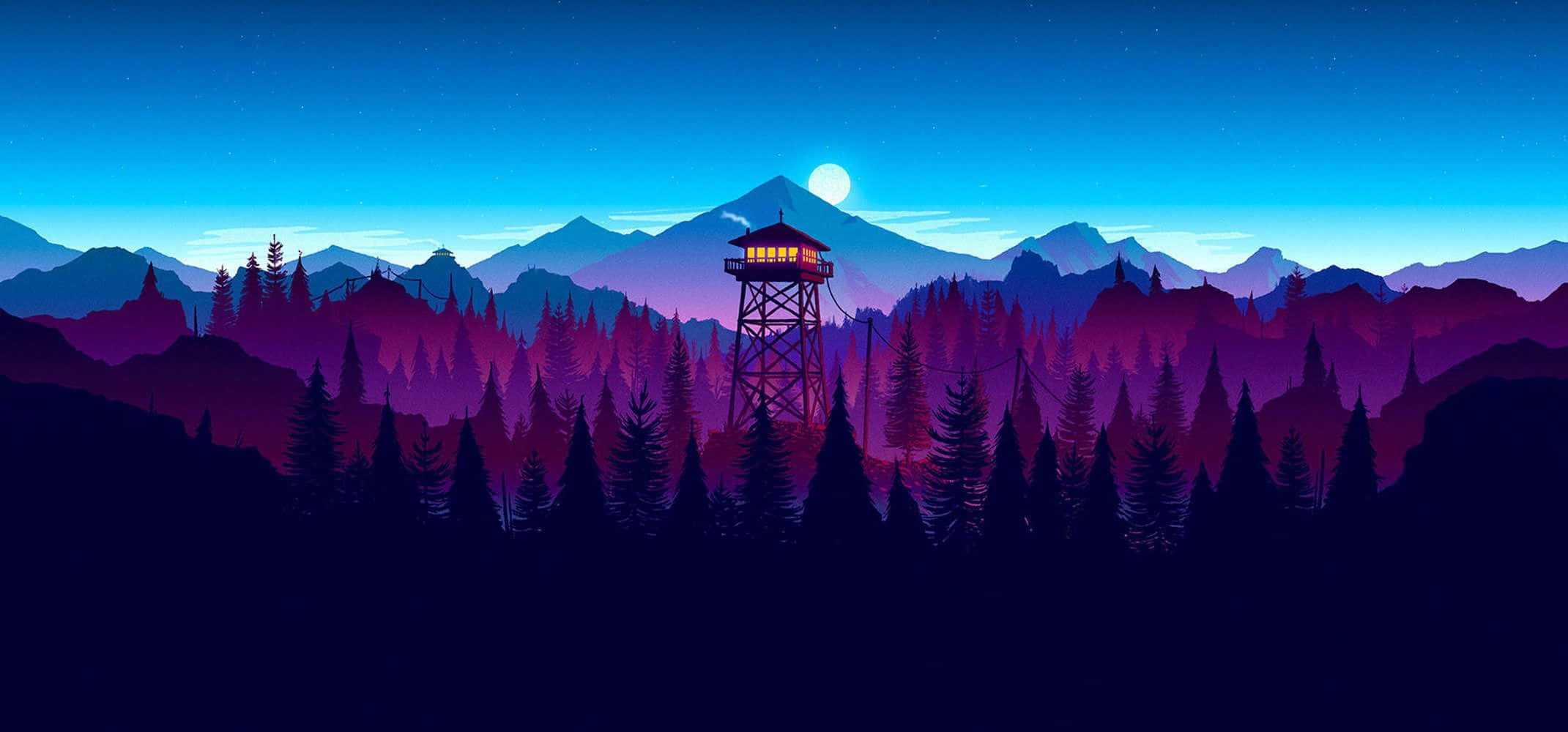 《Firewatch》森林瞭望台最佳顯示器背景 壁紙 — 一座發光的火警瞭望塔矗立在松樹林中，星空暮色下，滿月懸掛在遠山之上。