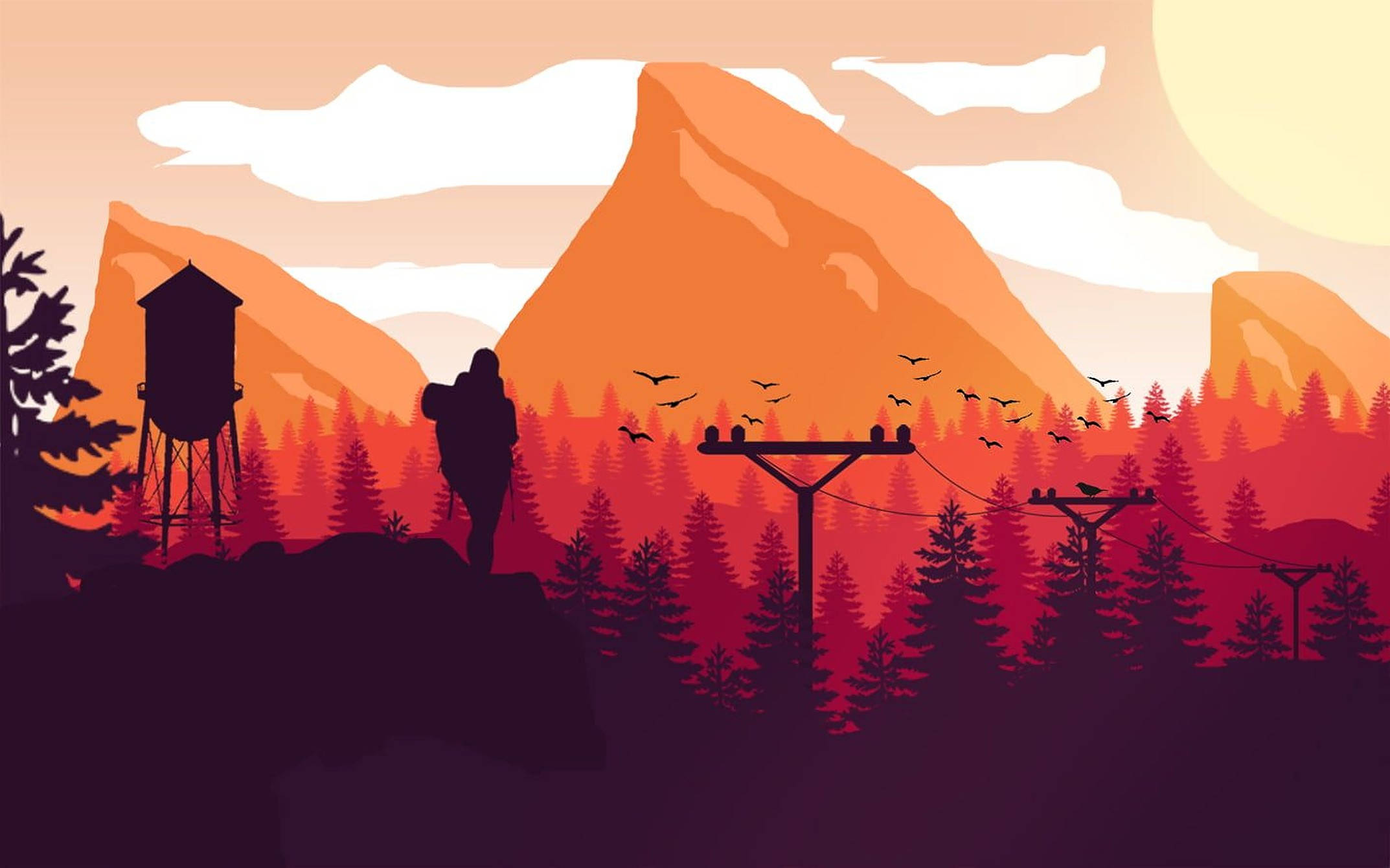 火眼監視徒步：《Firewatch》數位藝術 壁紙 — 一個孤獨的揹著背包的遠足者站在懸崖上，俯瞰著日落時分被森林覆蓋的山谷，山脈和鳥類形成剪影。