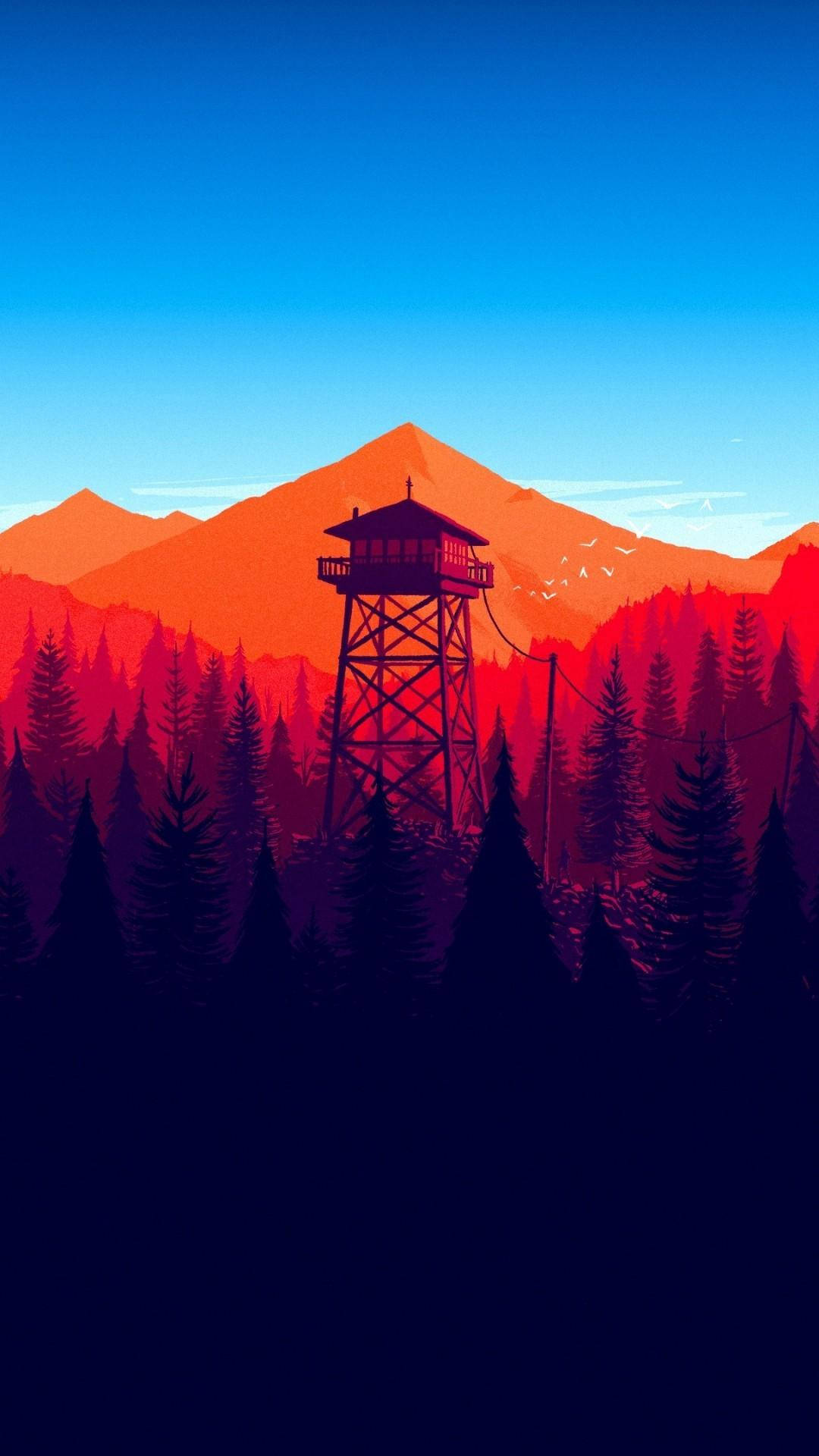 Firewatch 極簡安卓壁紙 壁紙 — 一座木製的防火瞭望塔矗立在茂密的松樹林中，火紅色的山脈在清澈的藍天下閃耀。