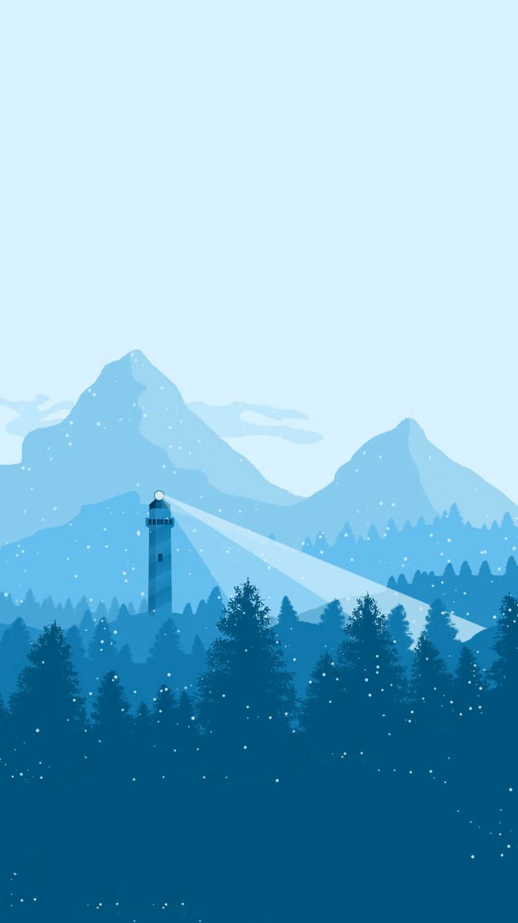 燈塔在夜間穿過雪林和山脈射出光束。