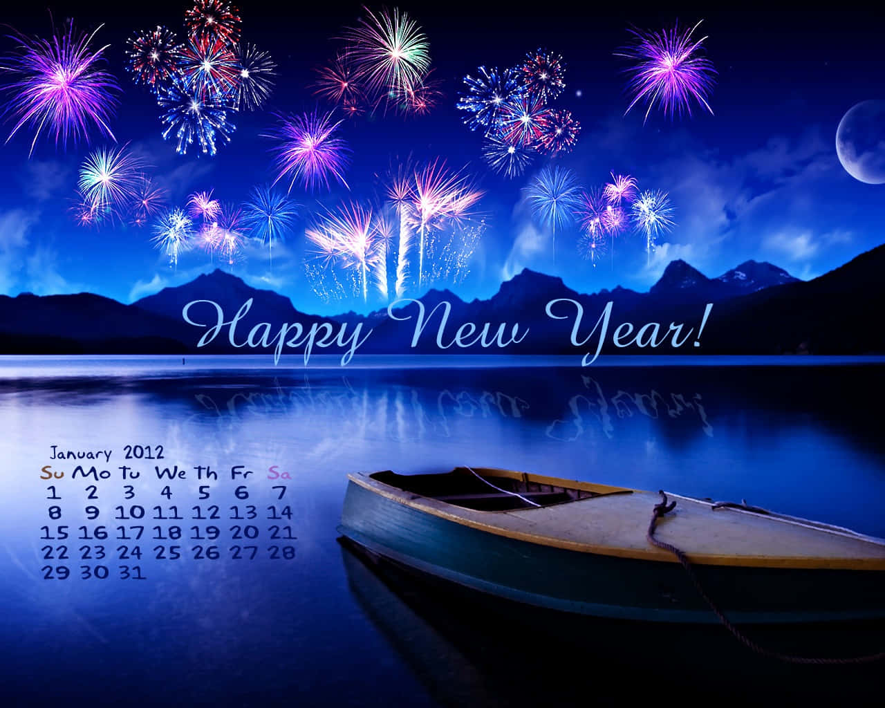 2012年新年，夜晚湖上煙火，有小船和山景