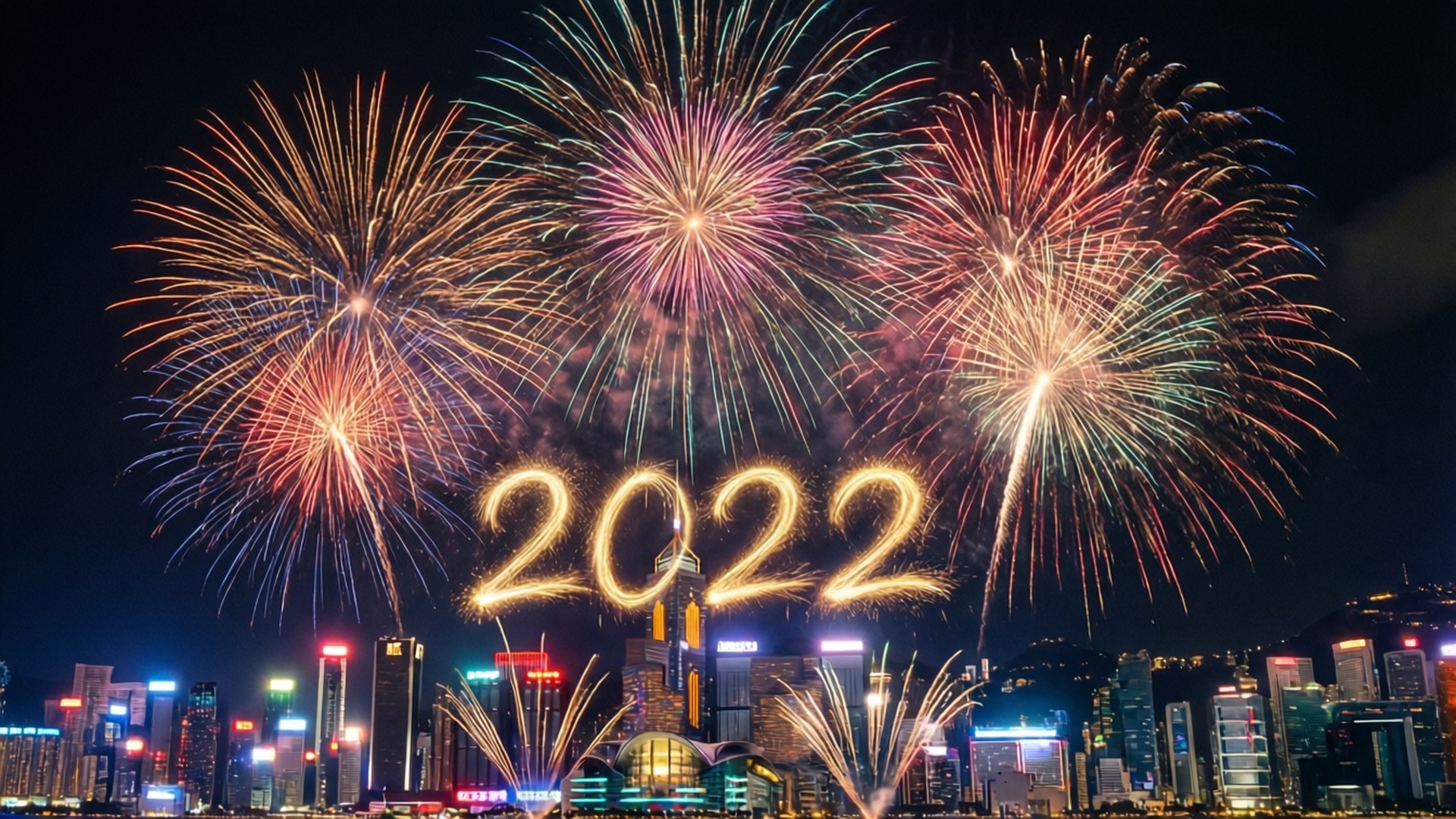 城市天際線上的煙花表演，'2022' 以金色火花閃耀。