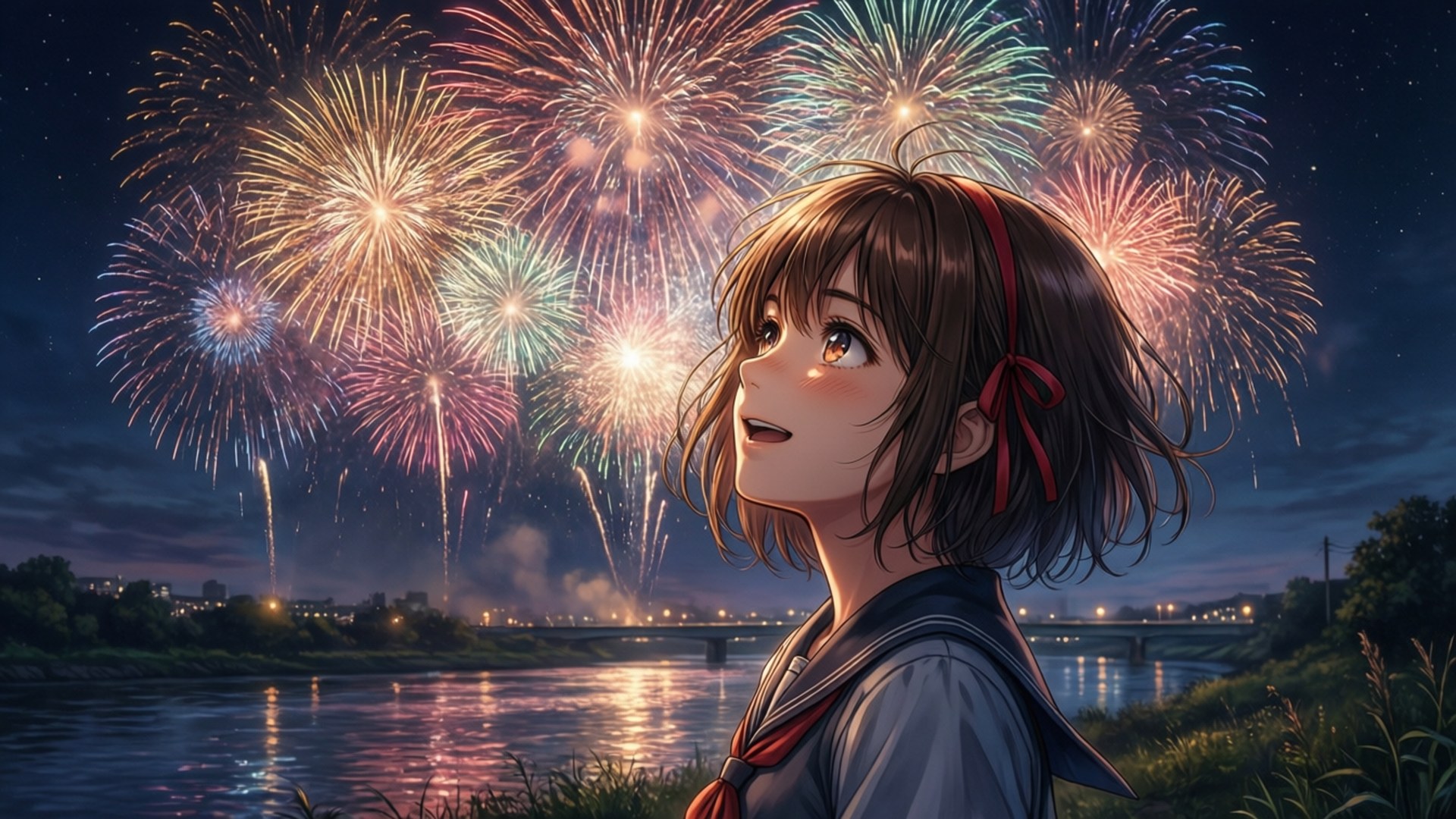 穿著水手服的動漫女孩，在夜間觀看河上五彩繽紛的煙花。