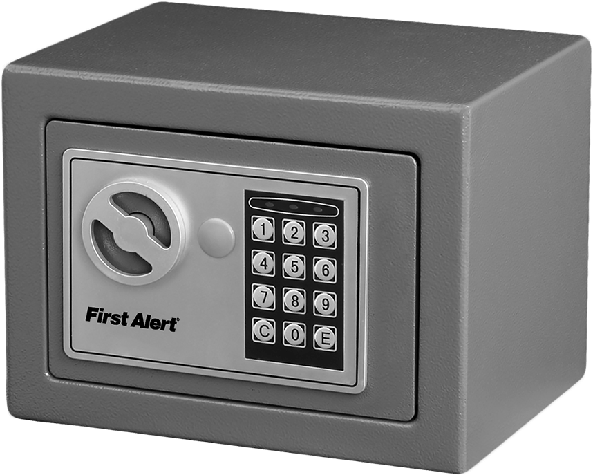 灰色數位保險箱（First Alert品牌） 壁紙 — 一個灰色First Alert數碼保險箱，配有鍵盤和轉盤鎖，展示在白色背景上。