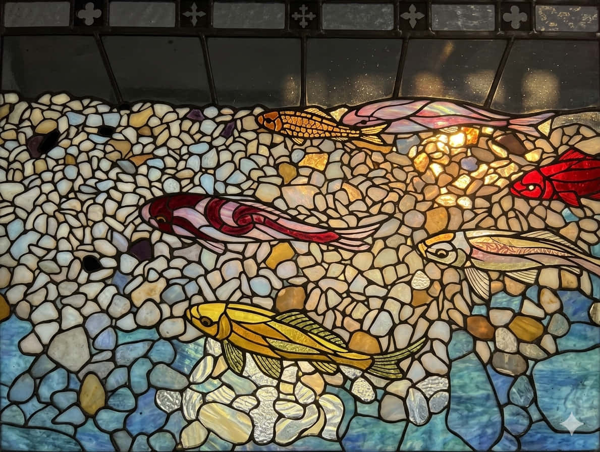 Fish 壁紙 — 彩色玻璃馬賽克描繪色彩繽紛的魚在鵝卵石和水中游動，金色光線穿透而過。