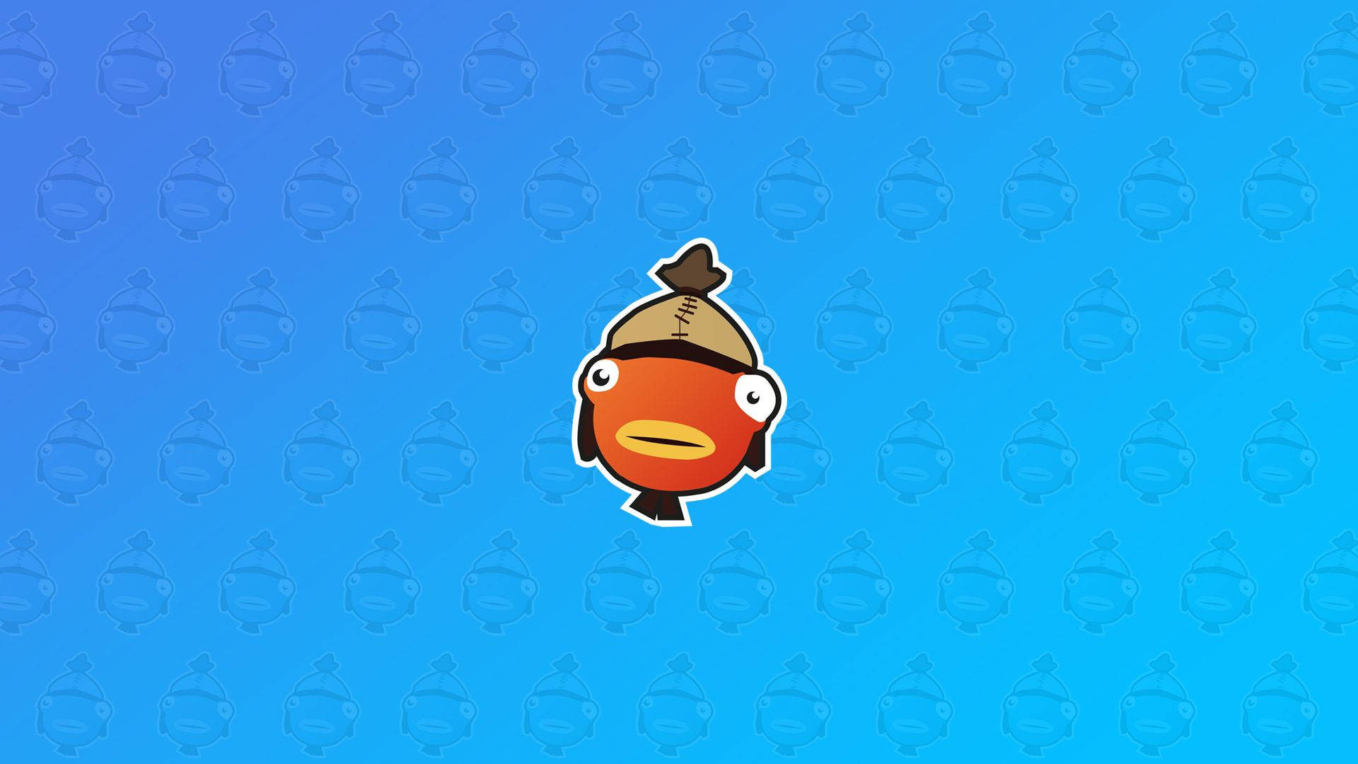 Fish Stick Fortnite 海洋藍 壁紙 — 一條戴著棕色帽子的卡通魚在帶有重複模糊魚形輪廓的藍色背景上顯得格外突出。