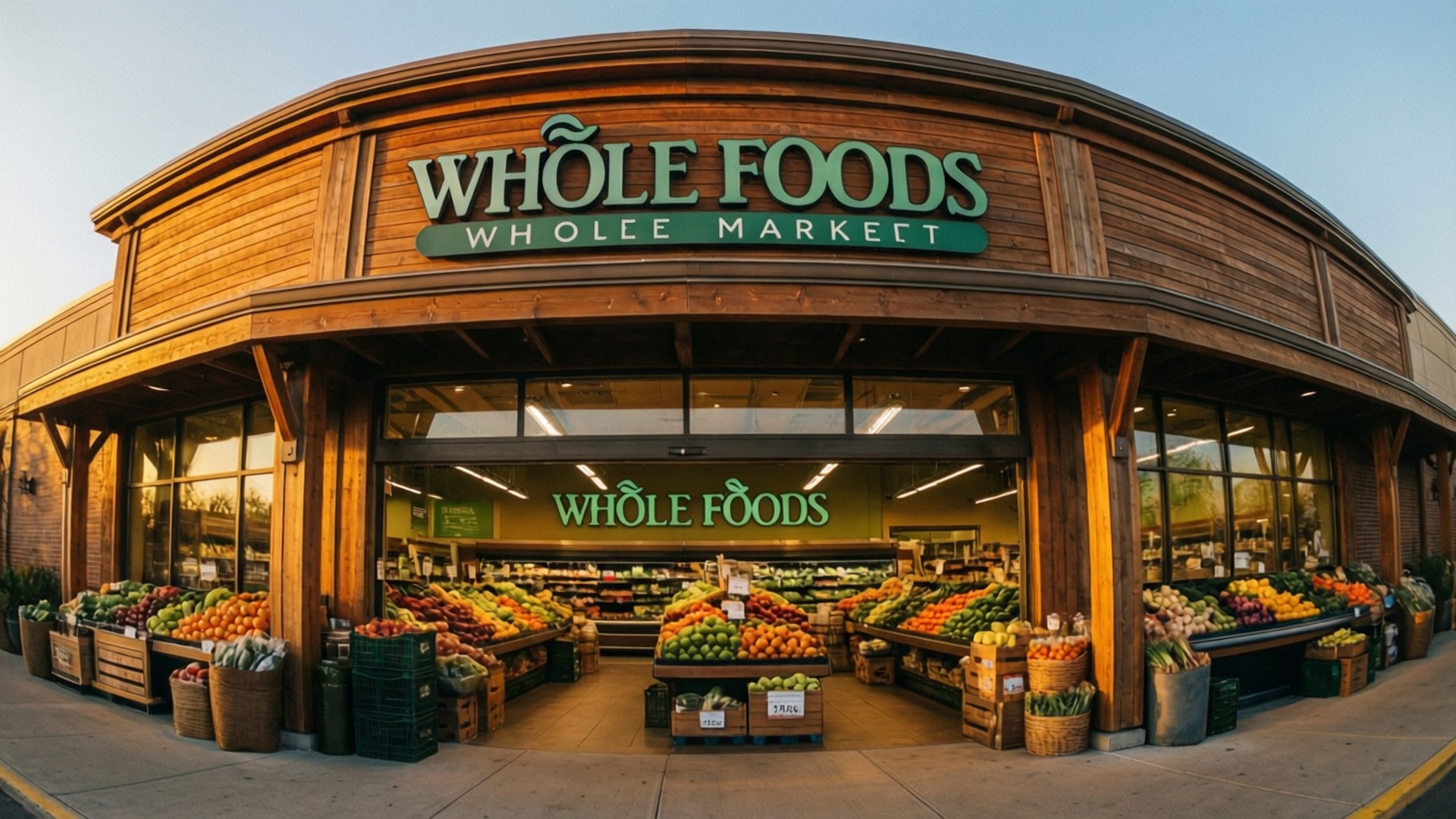 Whole Foods Market 桌布 壁紙 — 黃金時段以魚眼鏡頭拍攝的Whole Foods Market店面，鮮豔的農產品展示和溫暖的木質建築。