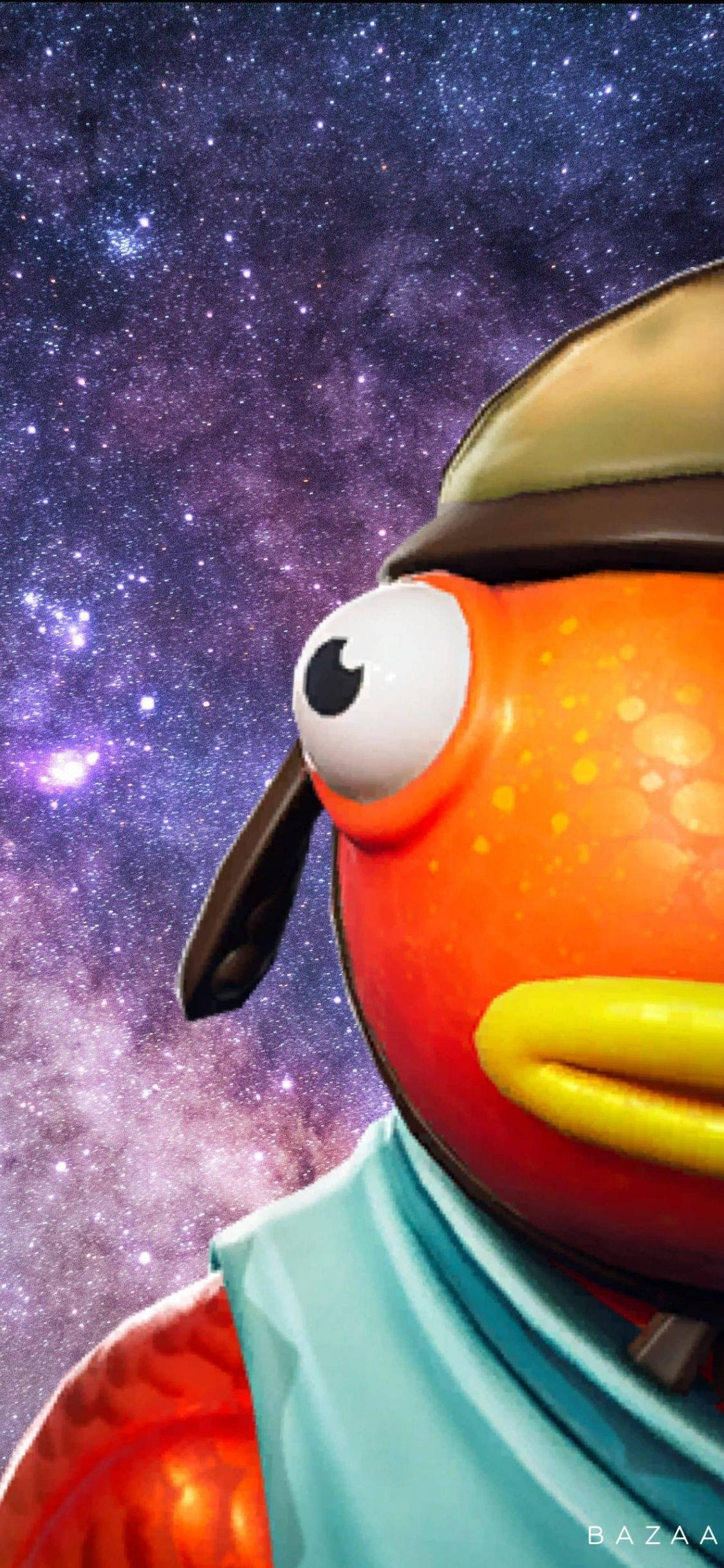 Fishstick Fornite 半臉銀河 壁紙 — 一隻卡通橙色鳥嘅特寫，有黃色喙同帽，背景係充滿活力嘅星空銀河。