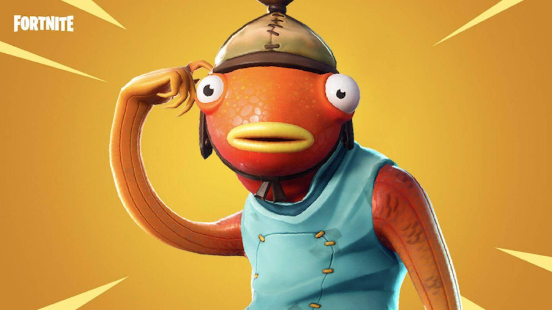 Fishstick Fortnite 預設裝扮 壁紙 — 一個卡通橙色魚角色穿著藍色背心和頭盔，在明亮的黃色背景前彎曲手臂。