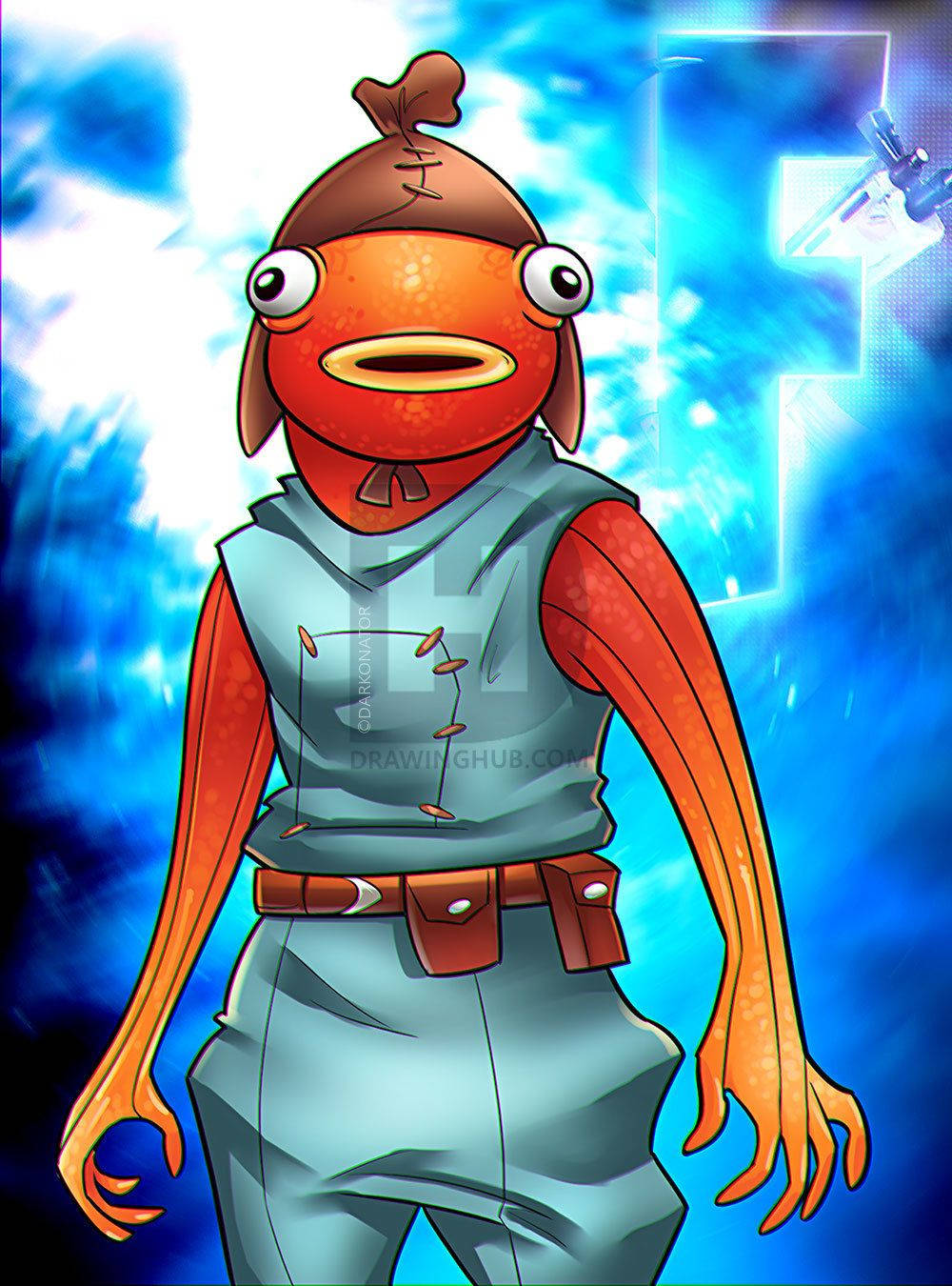 Fishstick Fortnite 未來數位藝術 壁紙 — 一個卡通風格的橙色魚角色，有大眼睛和連帽衫，站在發光的藍色能量背景前。