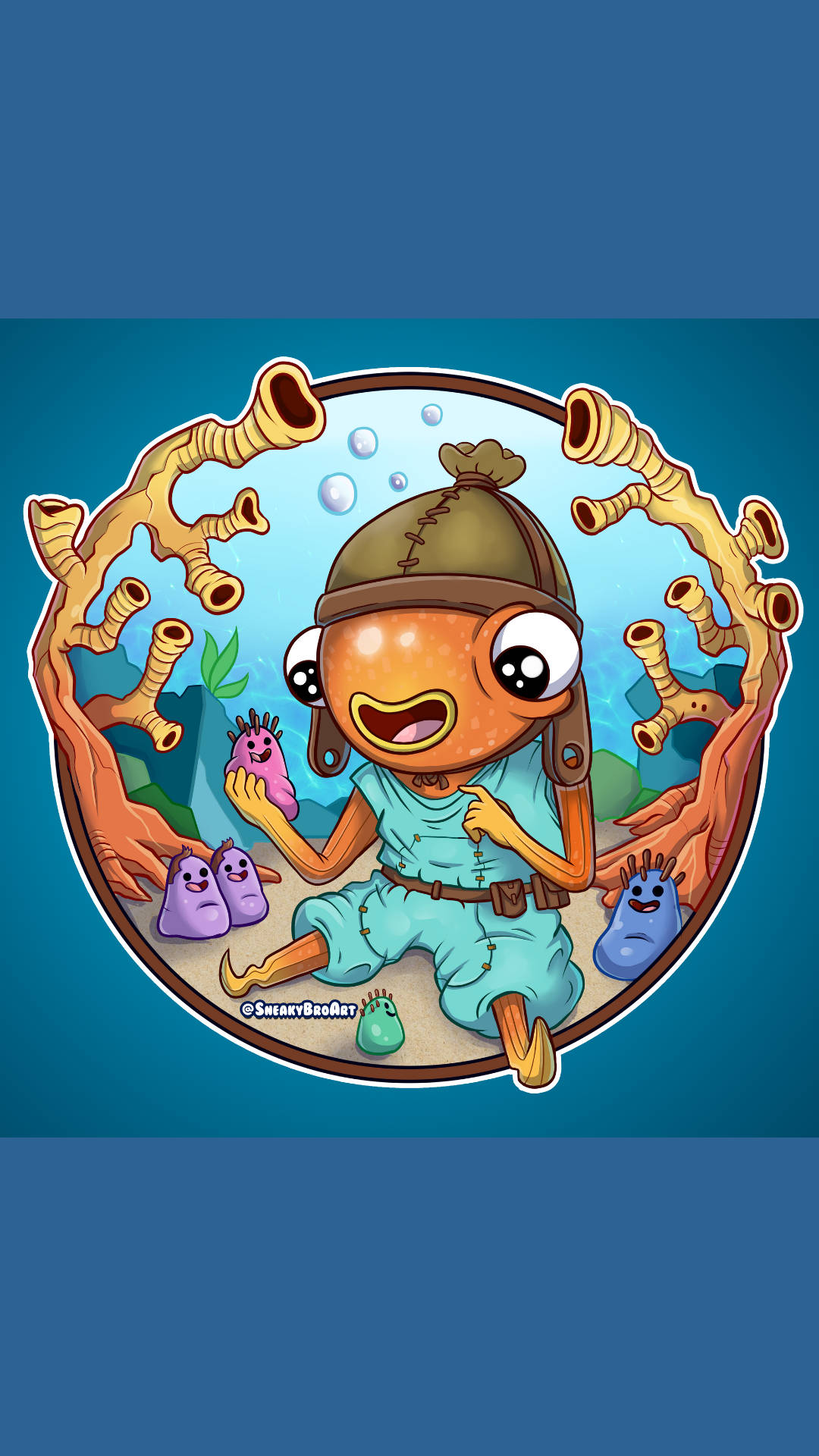 Fishstick《Fortnite》水族館 壁紙 — 一個戴著頭盔的快樂橙色卡通潛水員微笑著，手持一個被珊瑚和氣泡包圍的粉紅色生物。