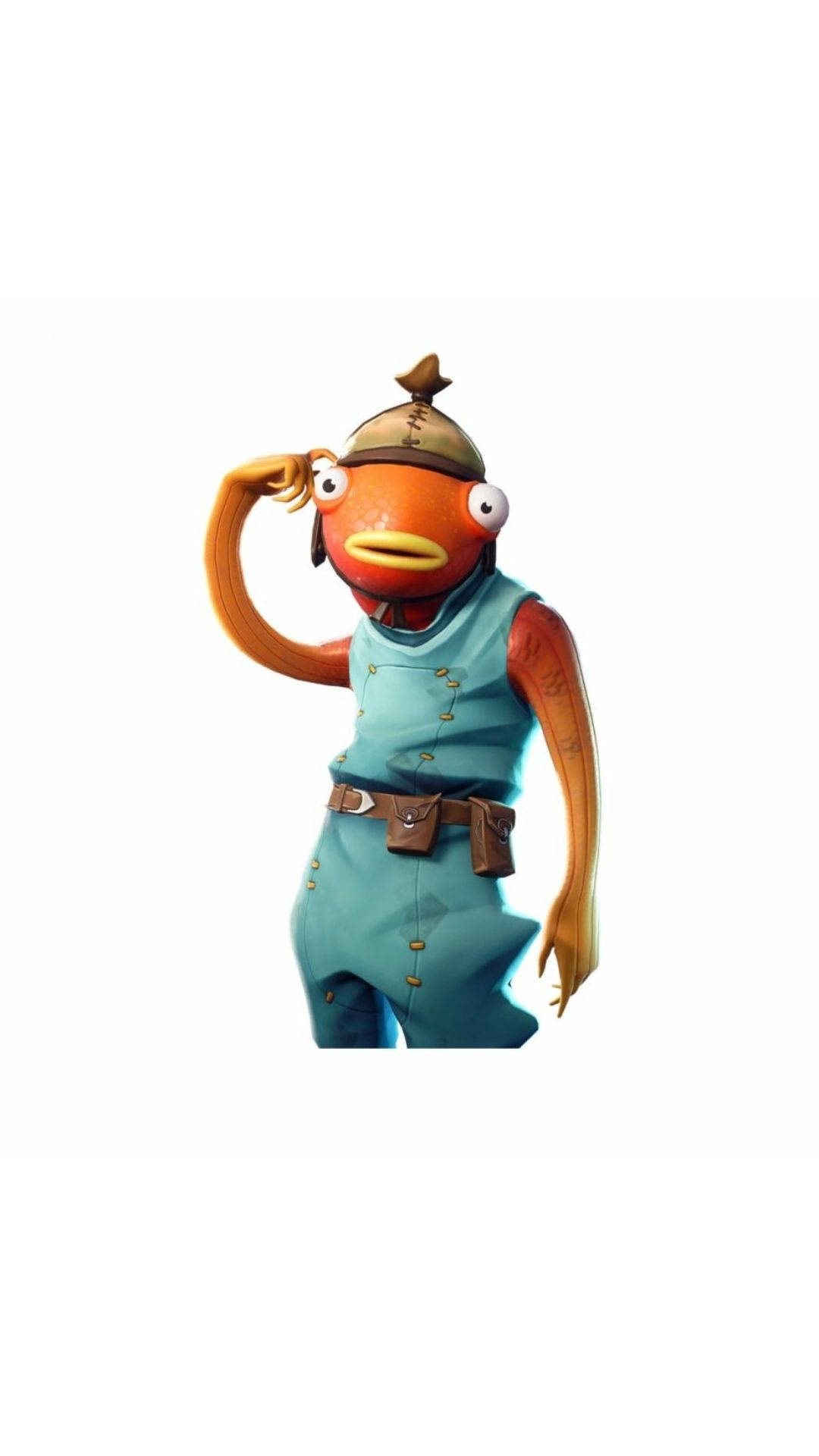 Fishstick Fortnite 抓頭瞬間 壁紙 — 一個卡通橙色魚角色，身穿藍色連身衣和帽子，在純白色背景前單手敬禮。