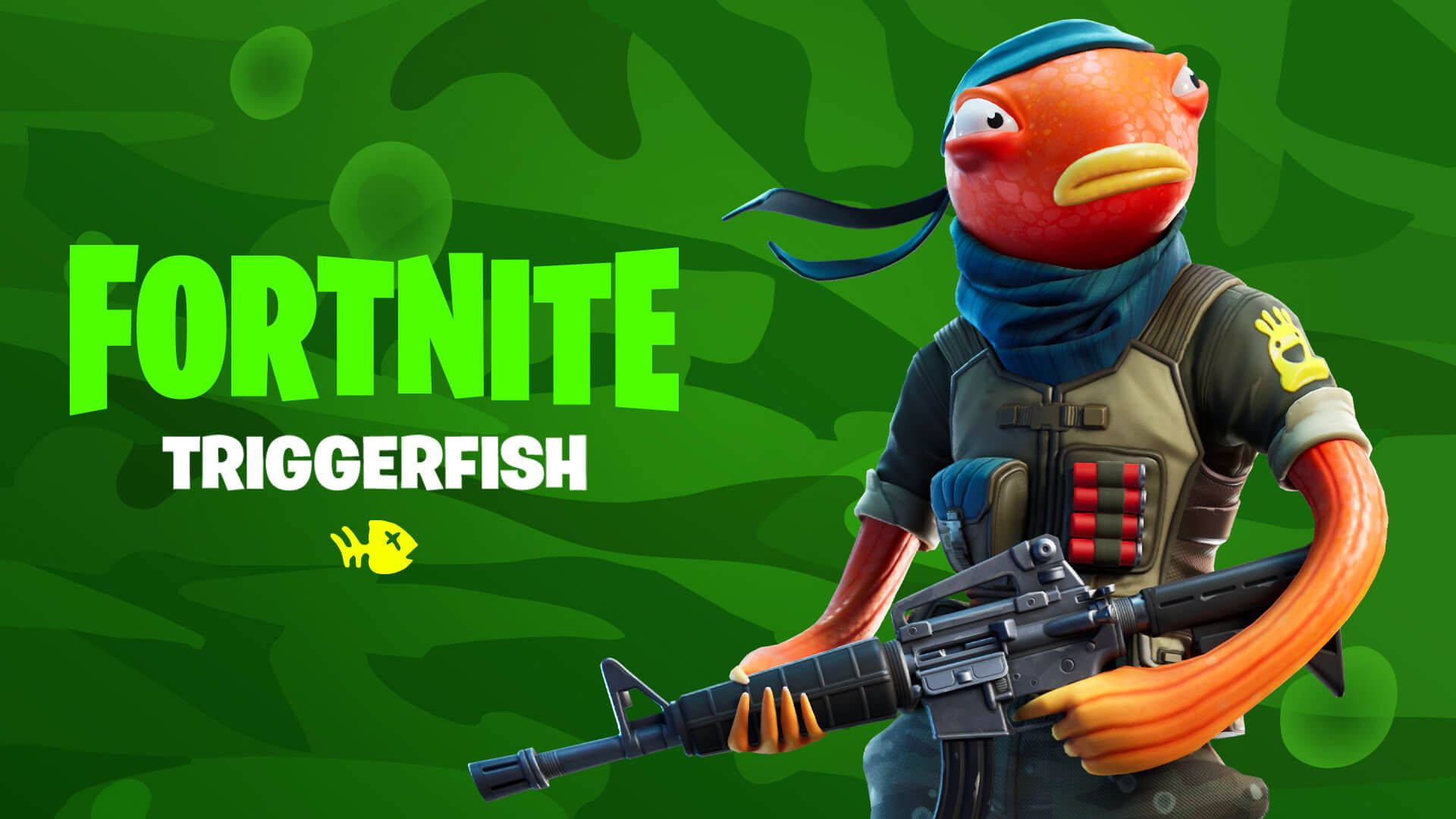 Fishstick《Fortnite》扳機魚 壁紙 — 一個卡通風格的橙色魚角色穿著戰術裝備，在綠色迷彩背景上拿著步槍，並帶有「FORTNITE TRIGGERFISH」文字。