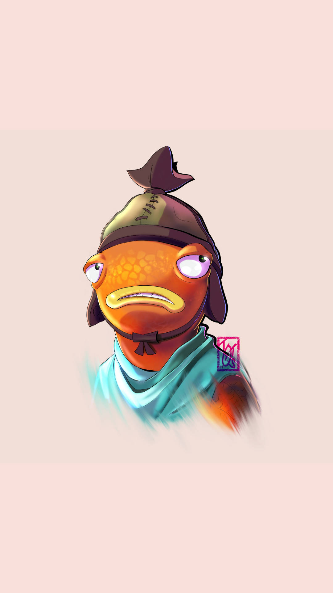 Fishstick《Fortnite》嚴肅表情 壁紙 — 一條卡通橙色魚，眼睛大大，戴著武士頭盔和青綠色圍巾，背景是柔和的粉紅色。