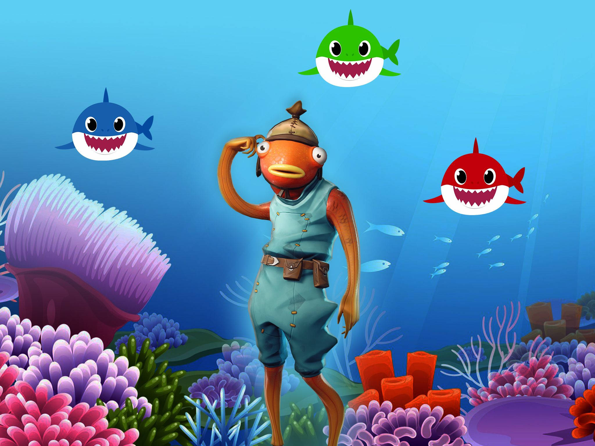 Fishstick《Fortnite》與鯊魚 壁紙 — 一條卡通魚穿著水手服在色彩繽紛的珊瑚中敬禮，附近有三條微笑的嬰兒鯊魚漂浮著。