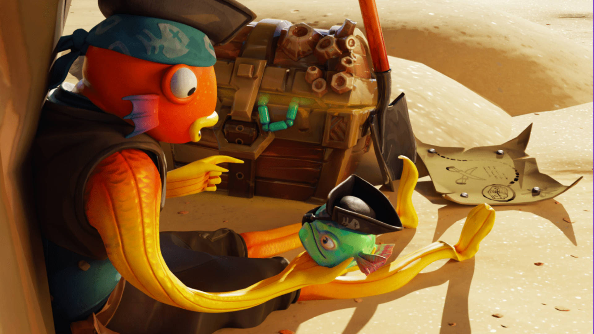 Fishstick Fortnite 海盜頭像 壁紙 — 兩條卡通魚海盜在沙漠沙地中，帶著寶藏箱和地圖。