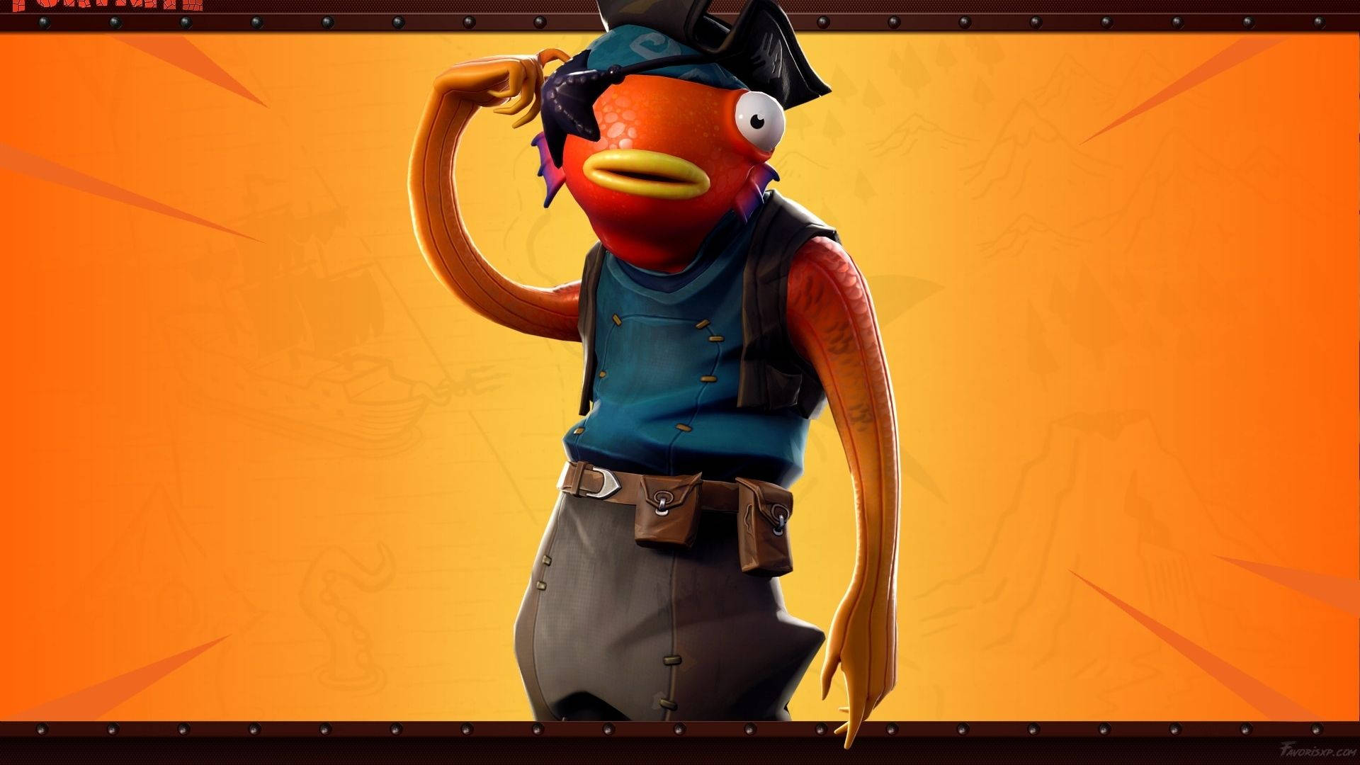 Fishstick Fortnite 海盜海報 壁紙 — 一條卡通風格嘅橙色魚，著住海盜裝備，向住充滿活力嘅橙色漸變背景敬禮。