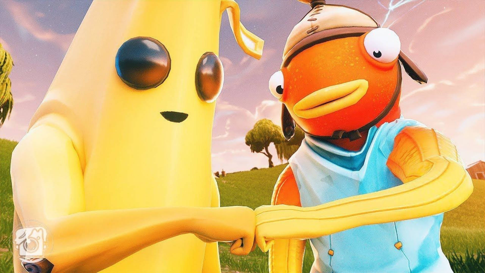 Fishstick Fortnite 與香蕉 壁紙 — 兩個Fortnite角色，一隻香蕉和一隻鴨，在粉紅色天空下的草地上碰拳。